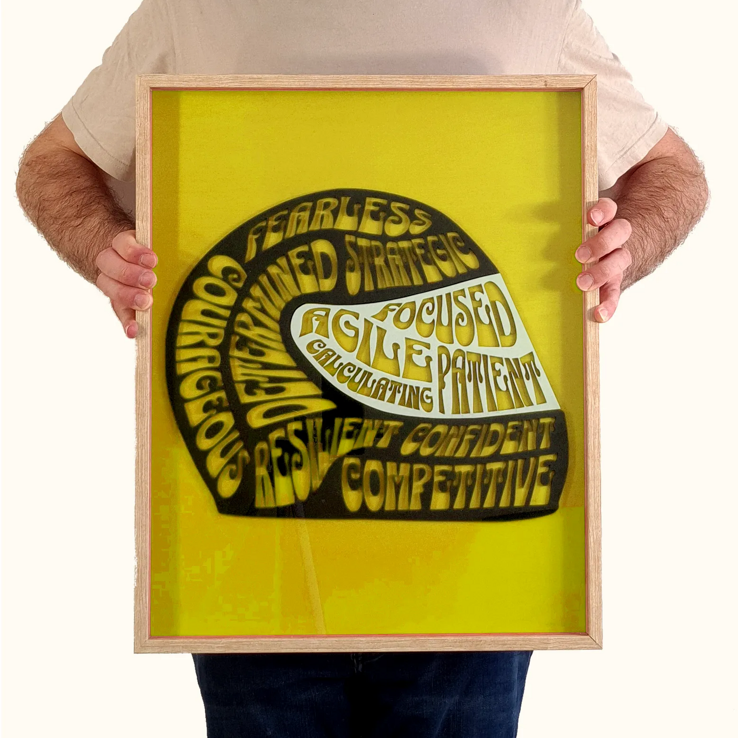 F1 driver characteristics helmet framed wall art on yellow background, perfect Formula 1 fan gift.
