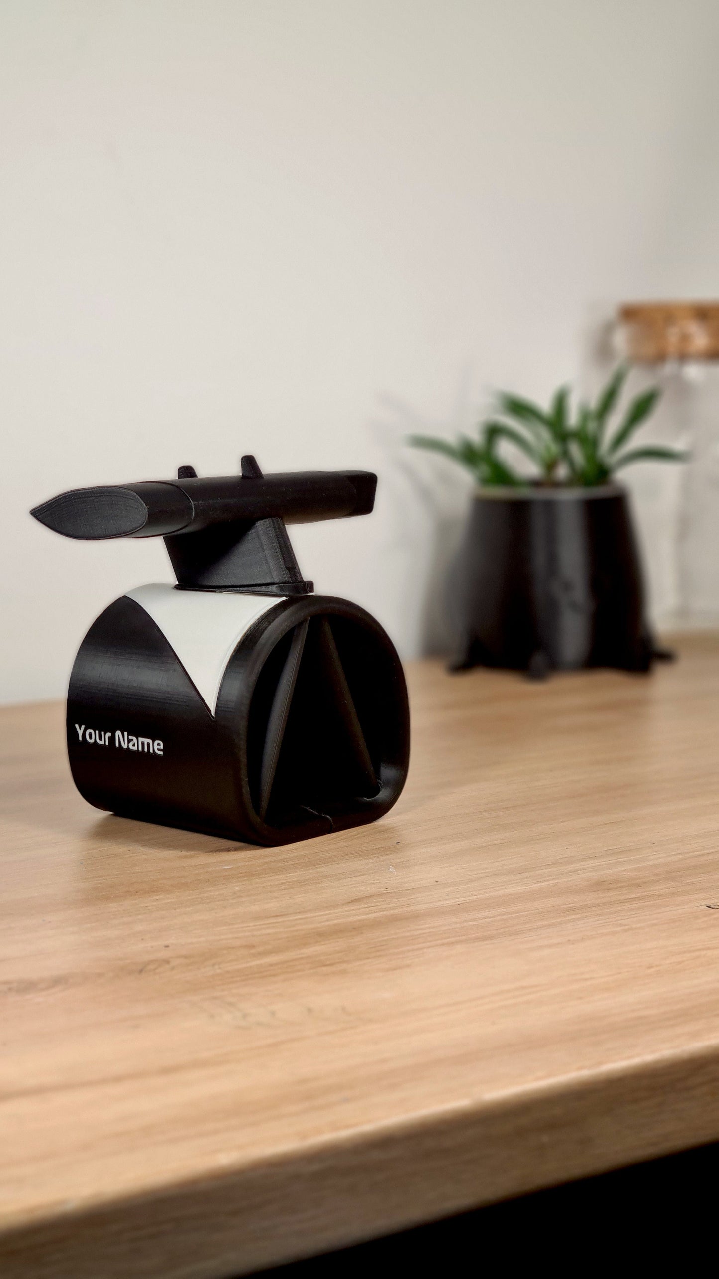 Personalized 3D printed F1 desk organizer with custom name, black and white, ideal Formula 1 fan gift