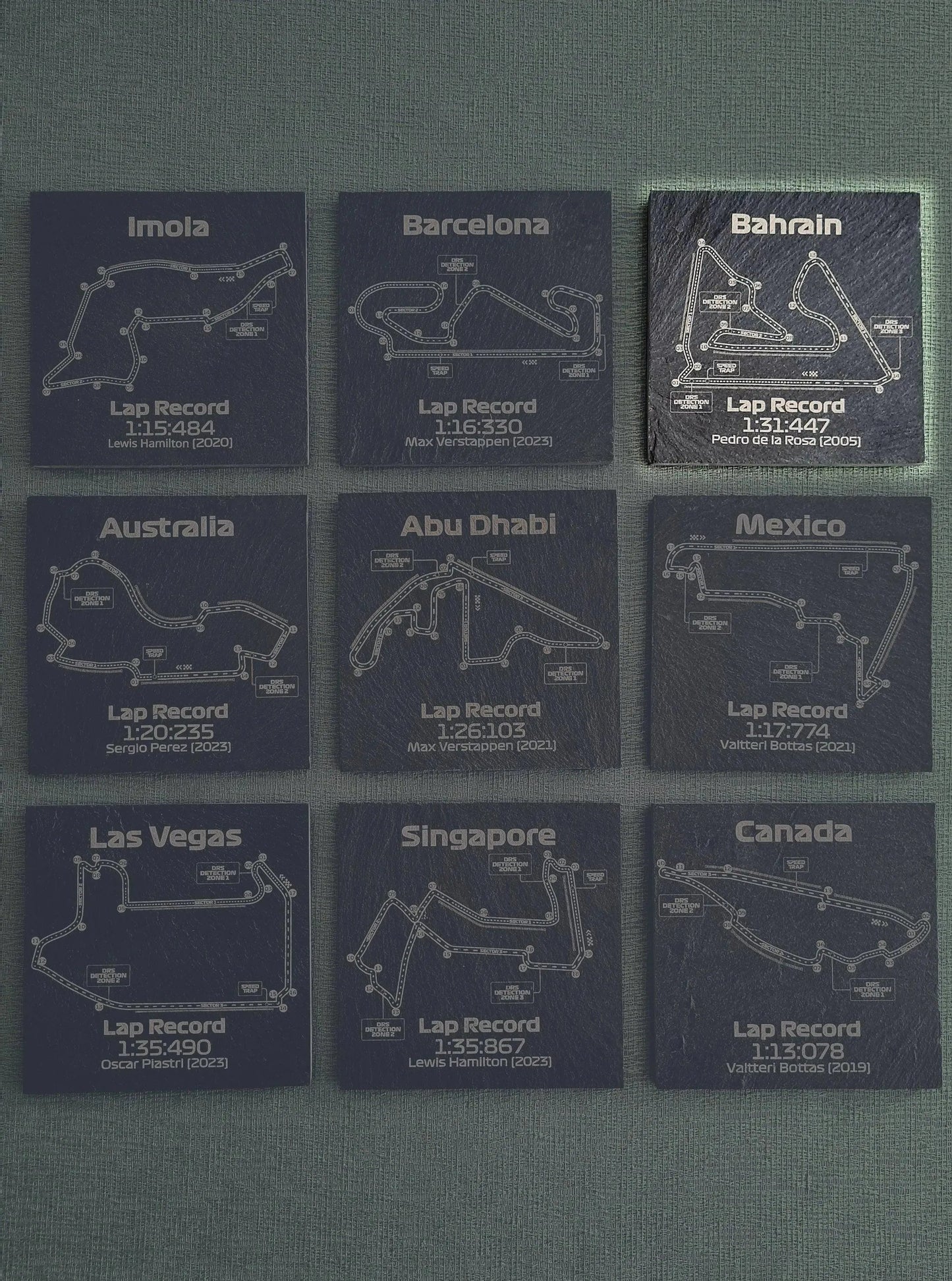9 black slate F1 circuit map coasters featuring multiple Grand Prix tracks and lap records, ideal F1 fan gift.
