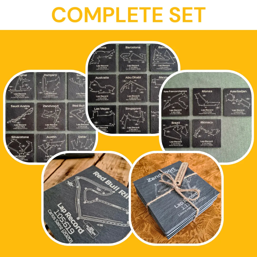 Complete F1 track slate coaster set, showing Grand Prix circuits, lap records, driver names. Perfect F1 fan gift.