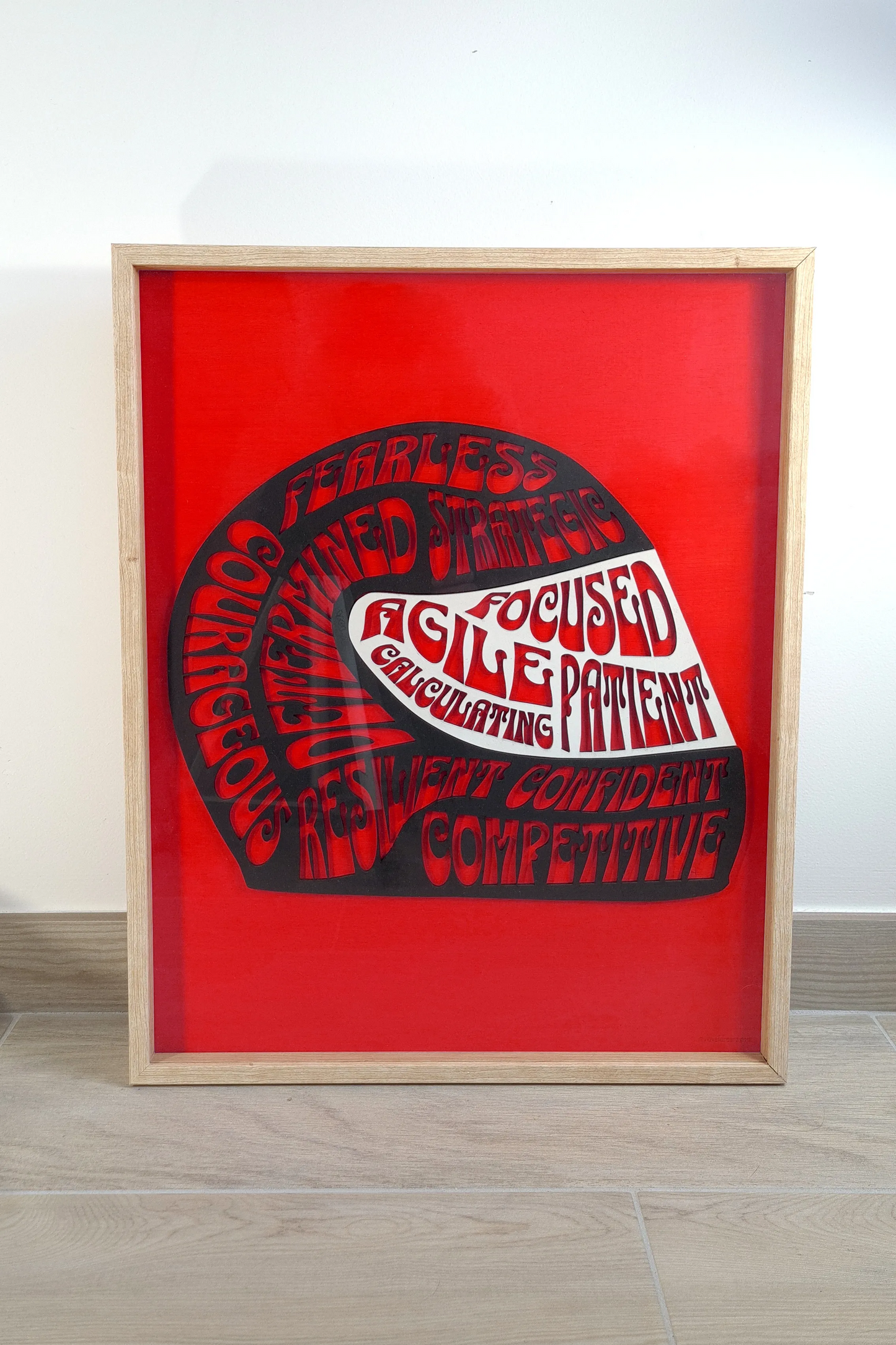 F1 helmet framed wall art with motivational driver qualities text on red, ideal Formula 1 fan gift