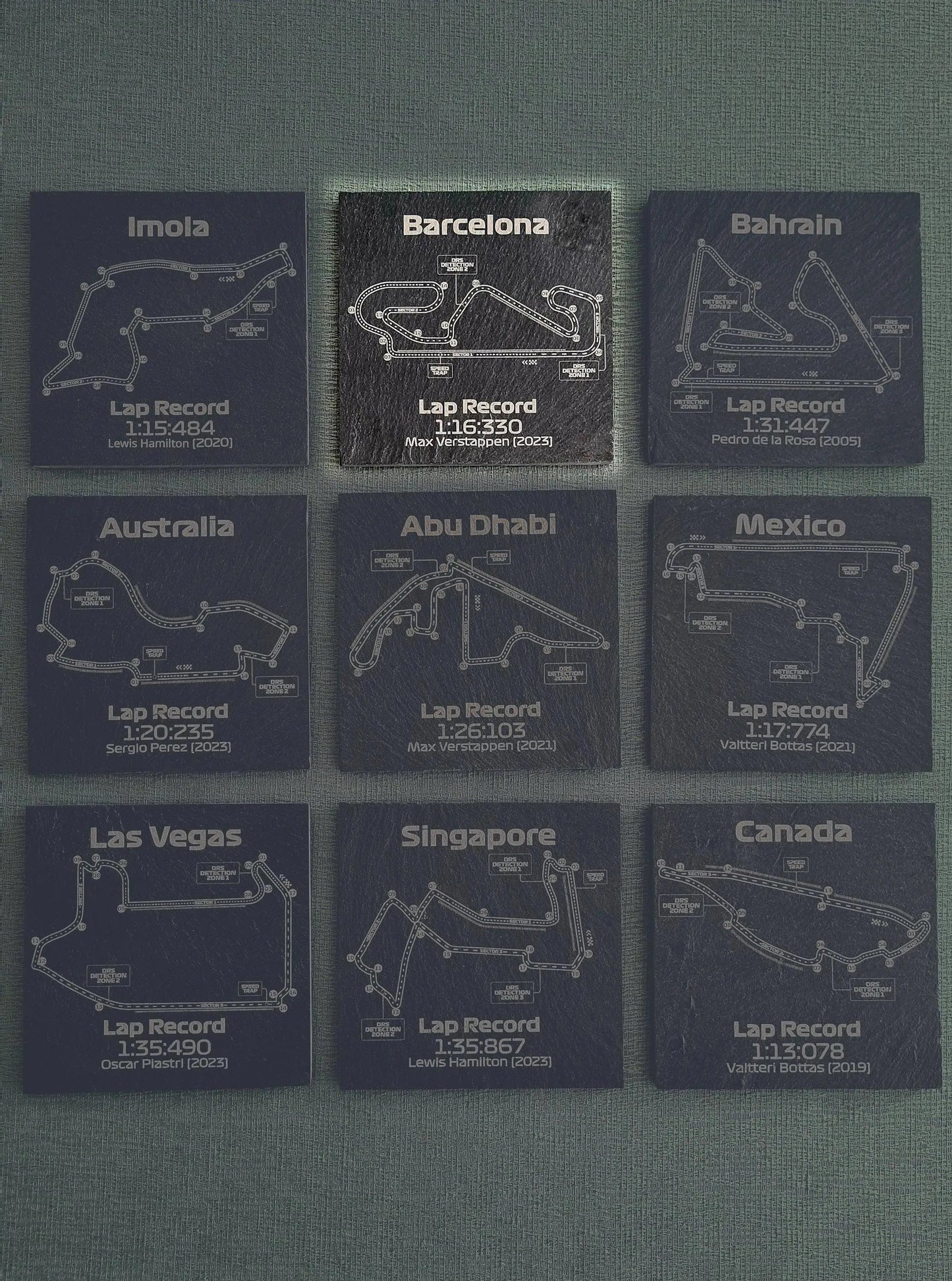 9-piece engraved slate F1 circuit map coaster set with lap records, perfect motorsport fan gift.