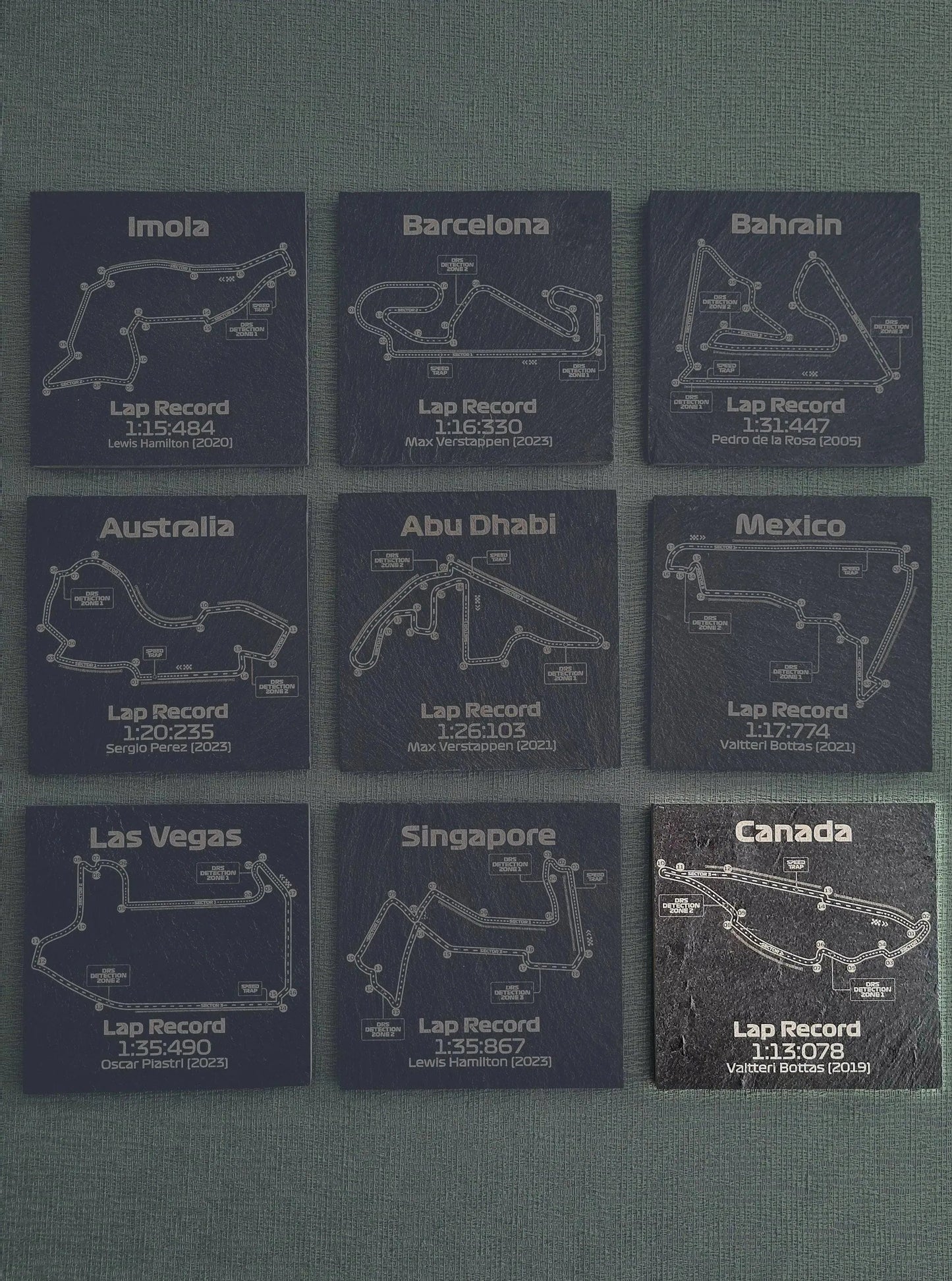 Set of 9 slate F1 circuit map coasters with lap records, perfect F1 fan gift.
