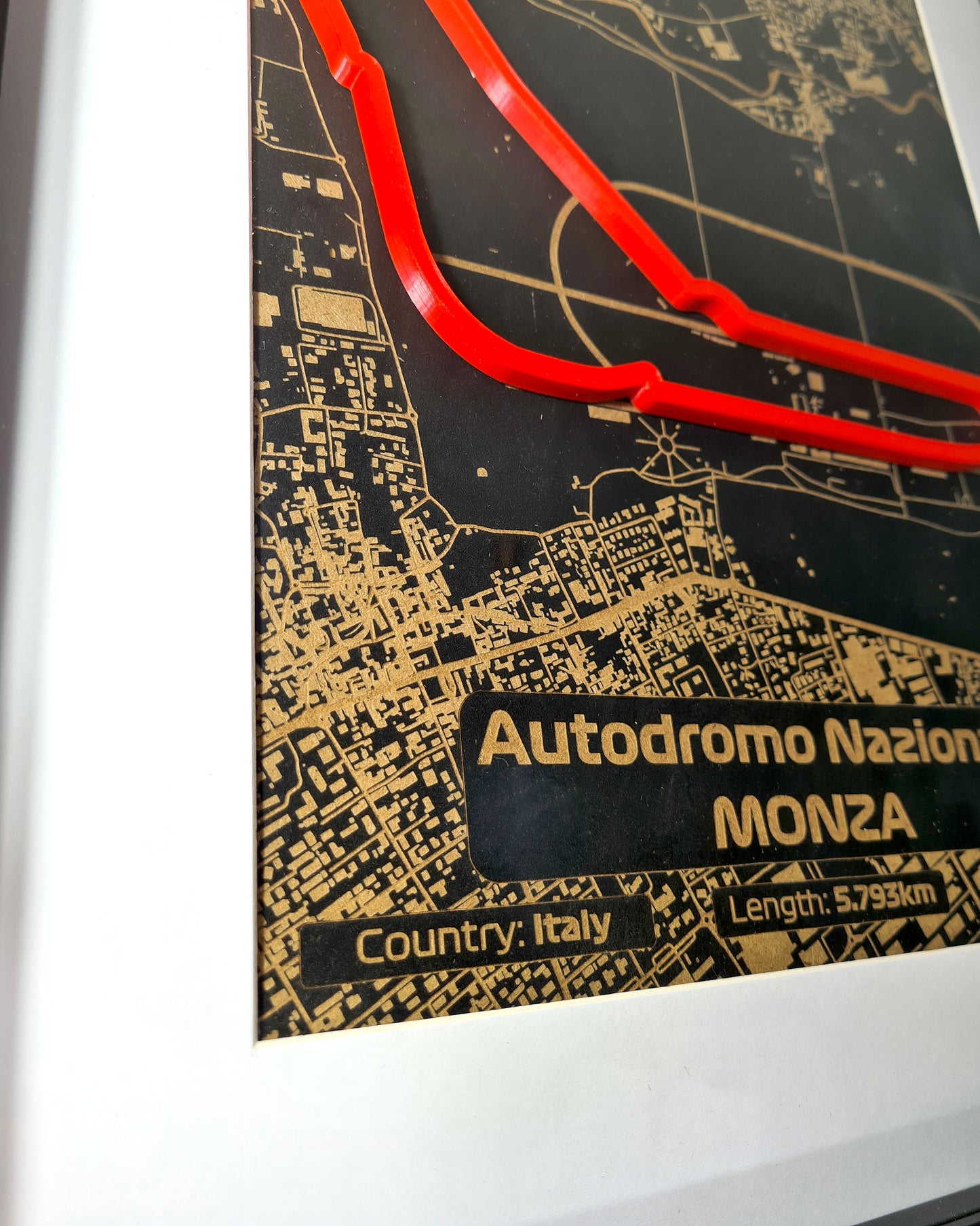 Monza Formula 1 circuit 3D track wall art with black and gold city map, unique F1 fan gift