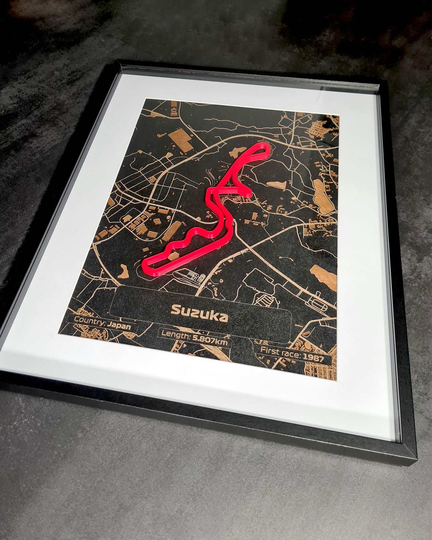 Suzuka Japan Formula 1 circuit 3D framed wall art with red track, unique motorsport decor.
