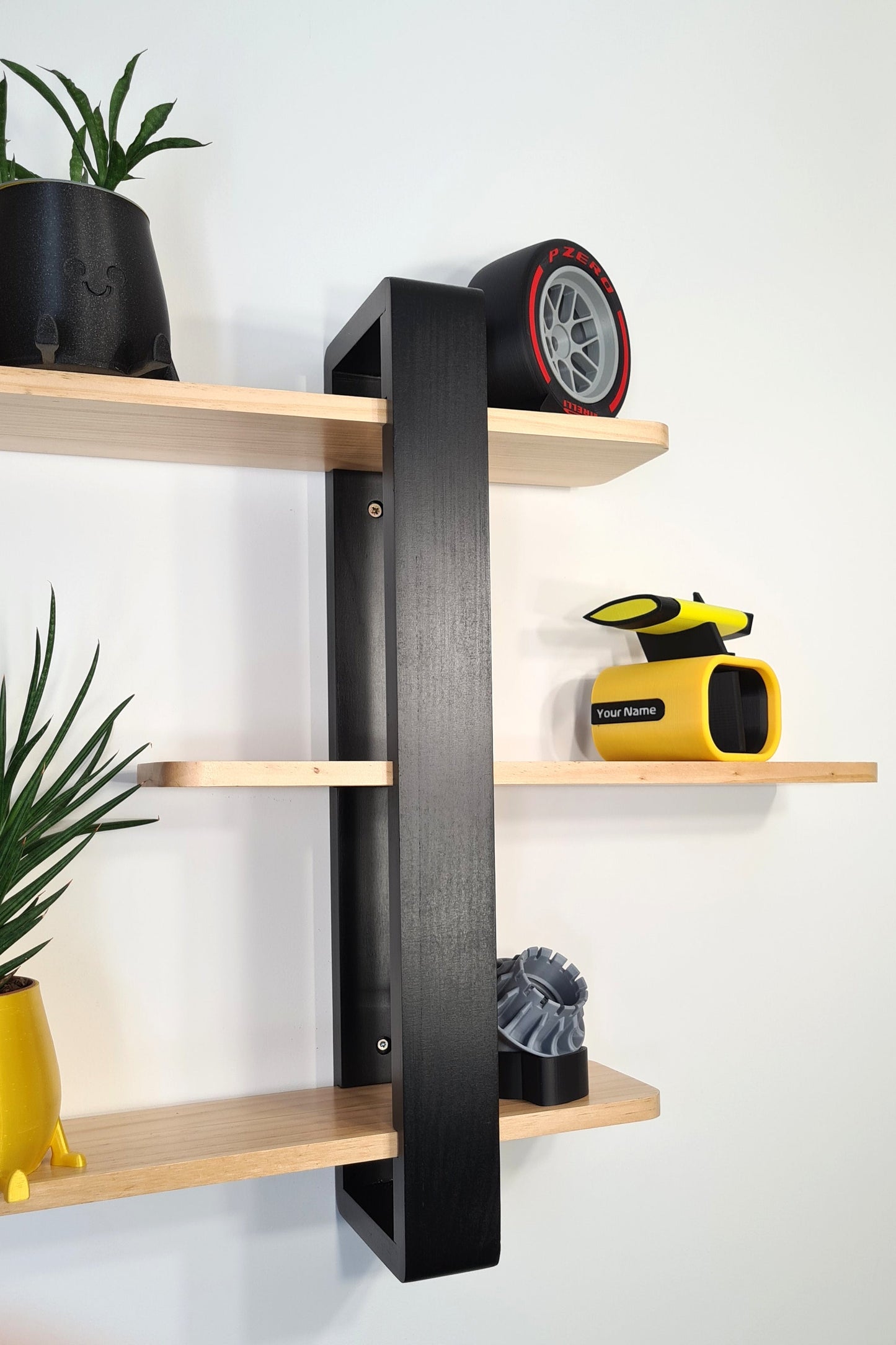 F1 Pirelli red slick tire replica, custom yellow F1 rear wing model, and wheel replica for F1 fan decor.