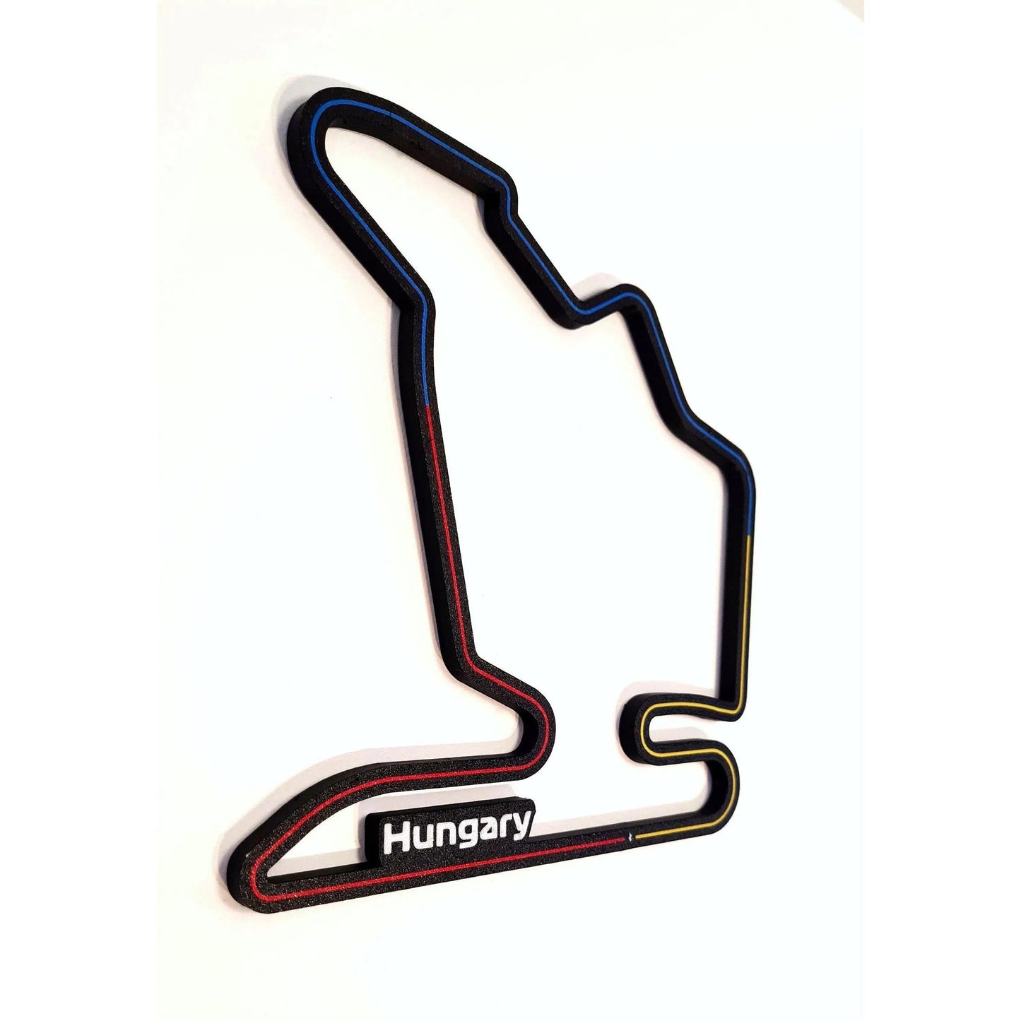 Hungary F1 circuit 3D printed track wall art, black with red, blue, yellow details, F1 fan decor