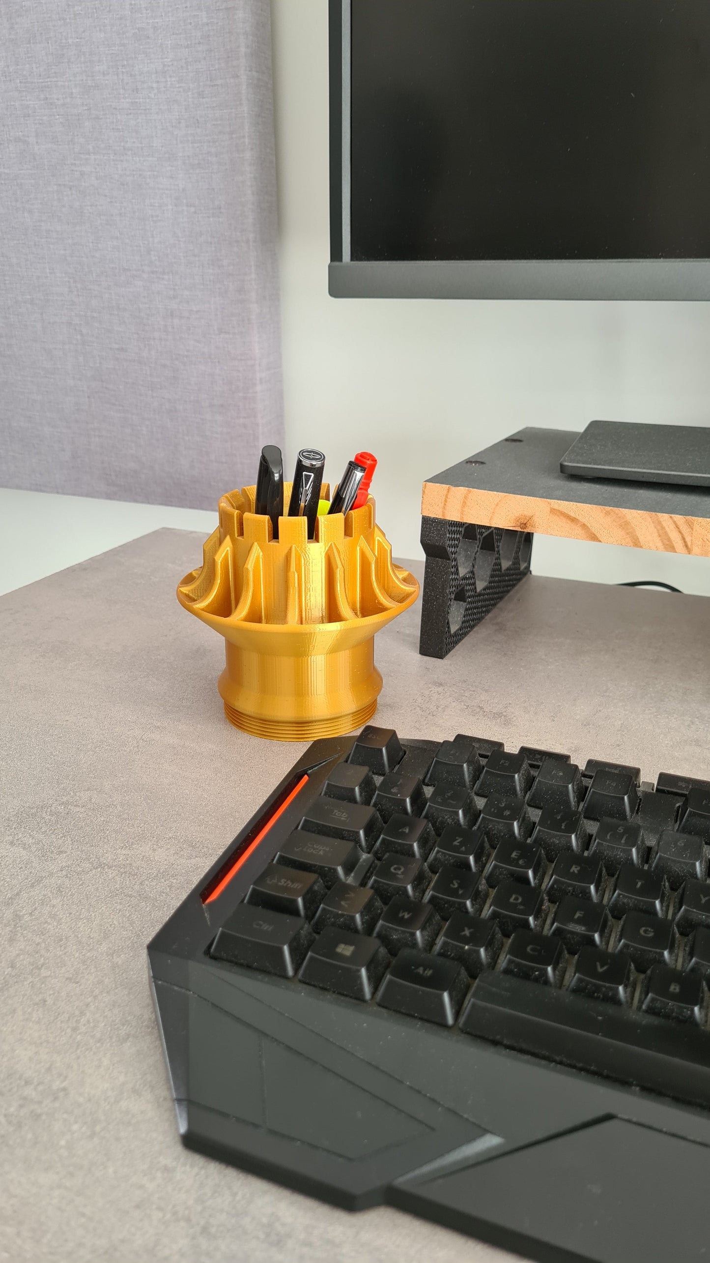 Golden 3D printed F1 engine turbine pen holder, ideal F1 fan desk accessory gift.