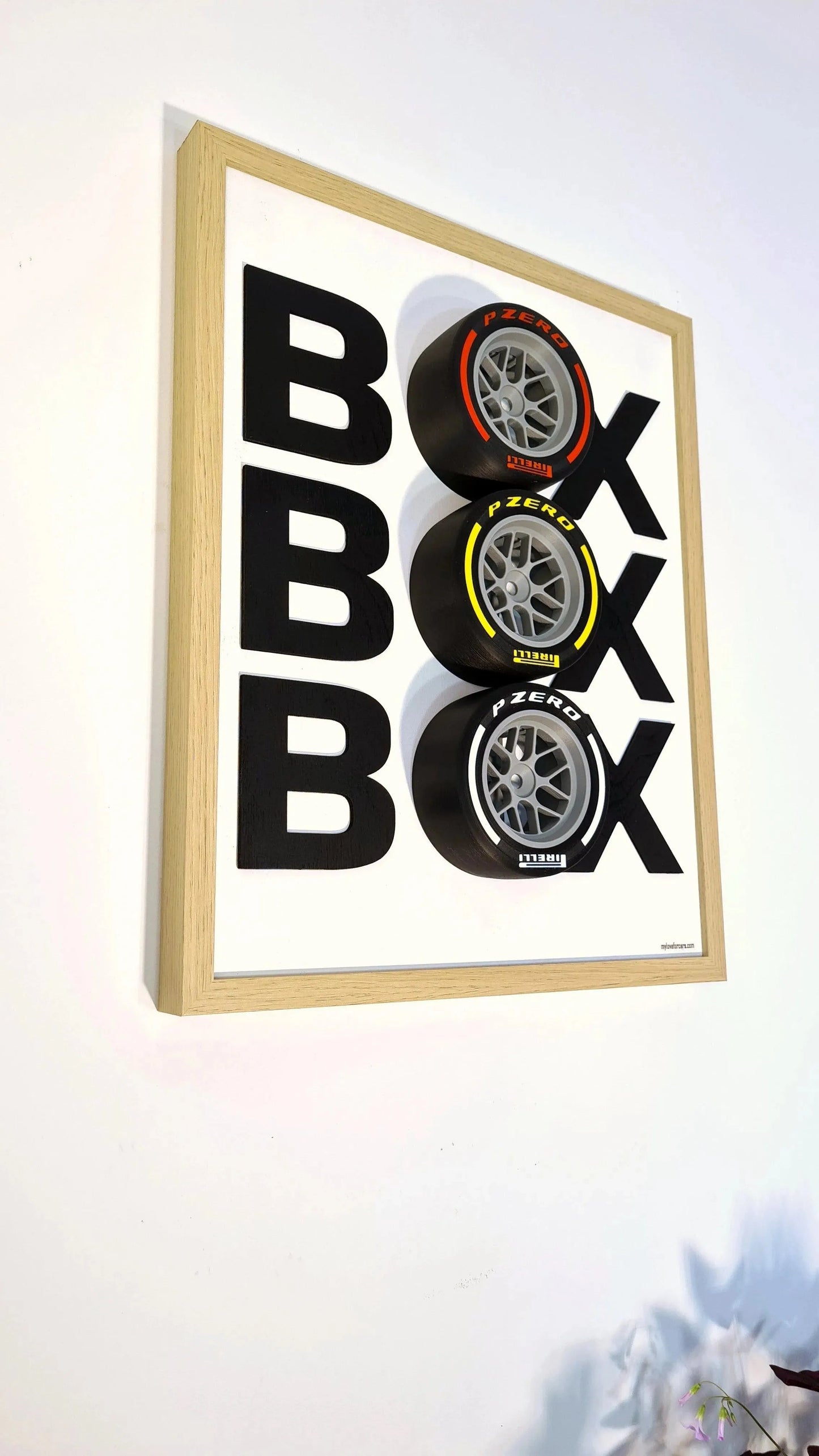 F1 'BOX' 3D wall art featuring Pirelli hard, medium, soft compound tires. Unique F1 fan gift.