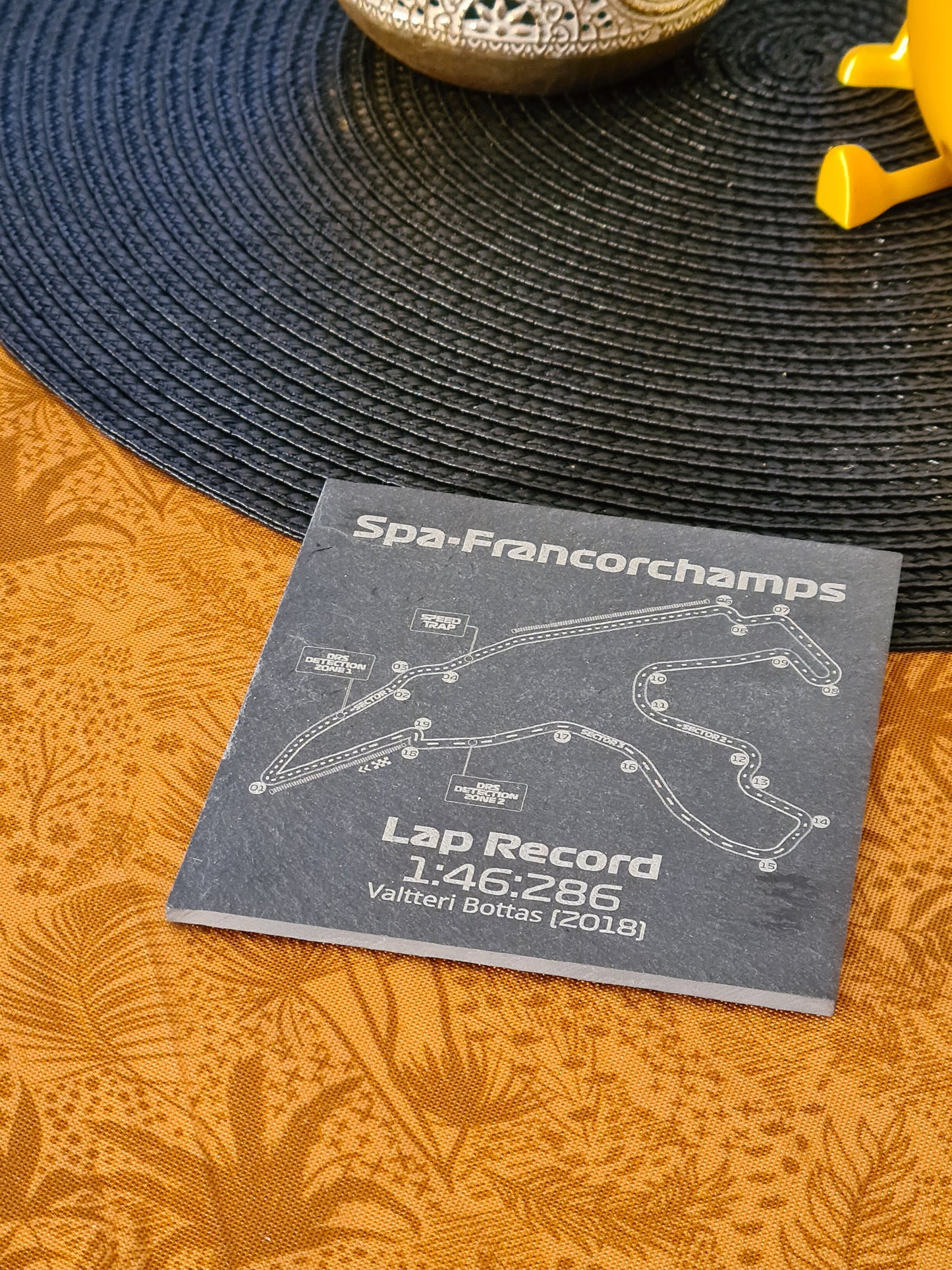 Spa-Francorchamps F1 circuit map slate coaster with Valtteri Bottas lap record, ideal F1 fan gift.