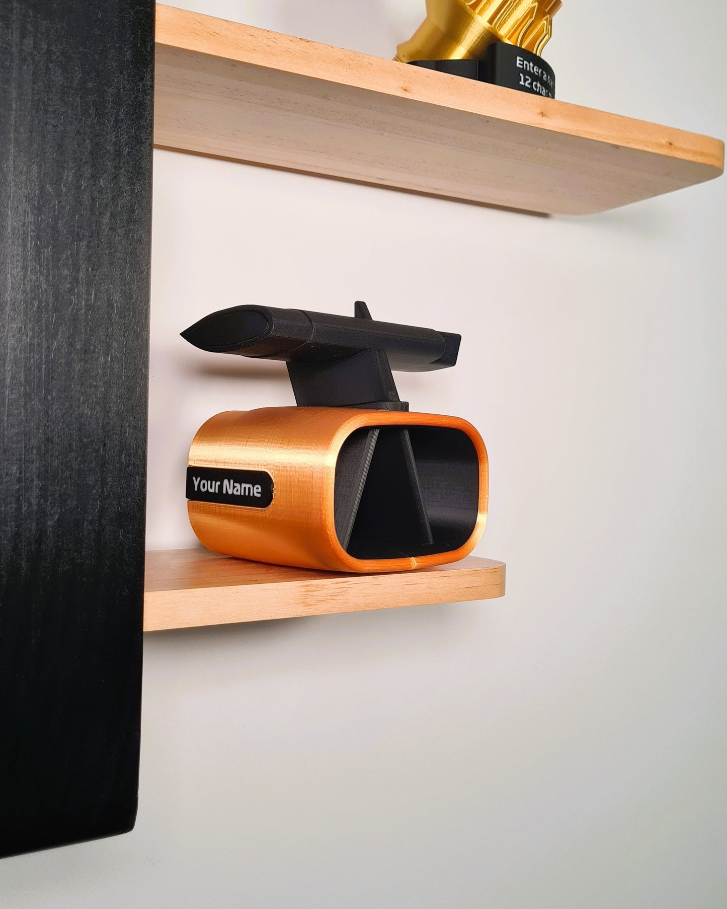 3D printed customizable copper F1 car desk organizer with black rear wing, unique Formula 1 fan office decor.