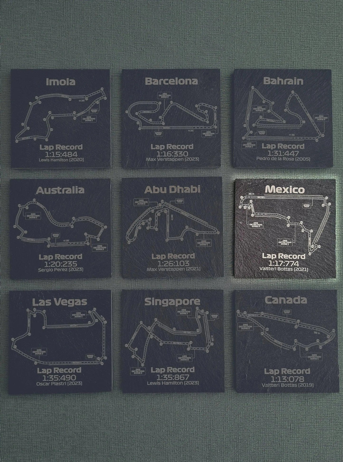 Set of 9 F1 circuit slate coasters, each with a Grand Prix track map and lap record. Ideal Formula 1 fan gift.