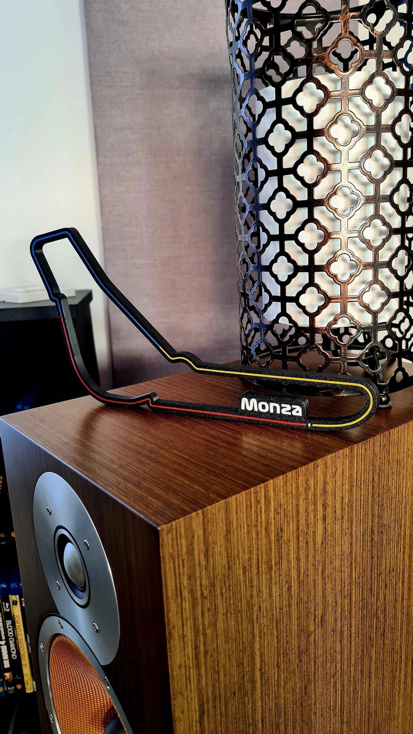 Black 3D printed Monza Formula 1 track display model with red and yellow details, perfect F1 fan gift.