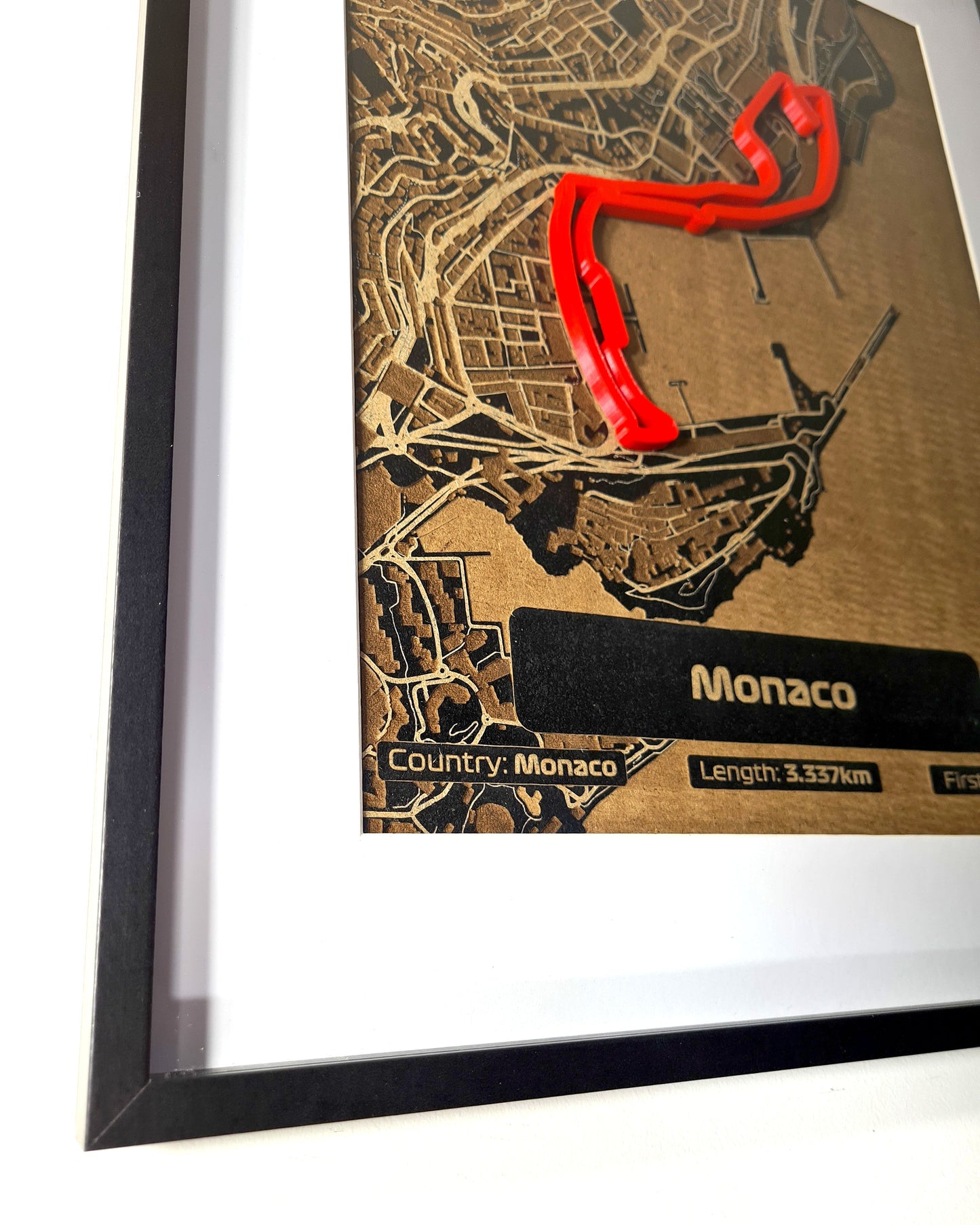 Framed 3D Monaco Formula 1 Grand Prix circuit track map wall art, F1 fan decor gift.