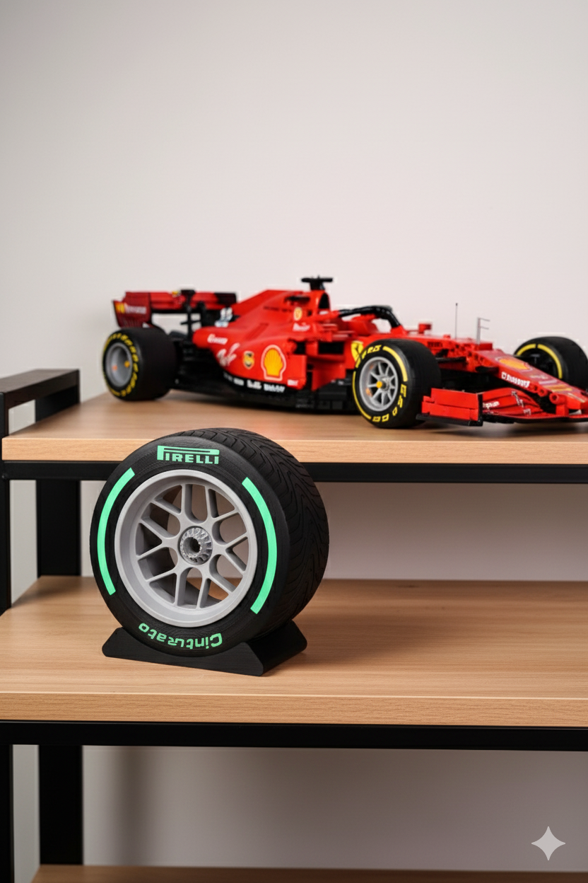 Pirelli F1 intermediate green tire replica display model with Ferrari Formula 1 car model