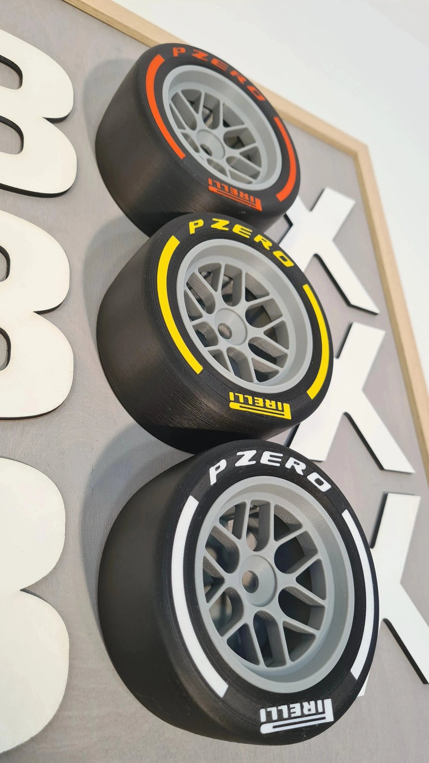 F1 Pirelli P Zero tire replica wall art set, white, yellow, orange compounds, perfect F1 fan gift
