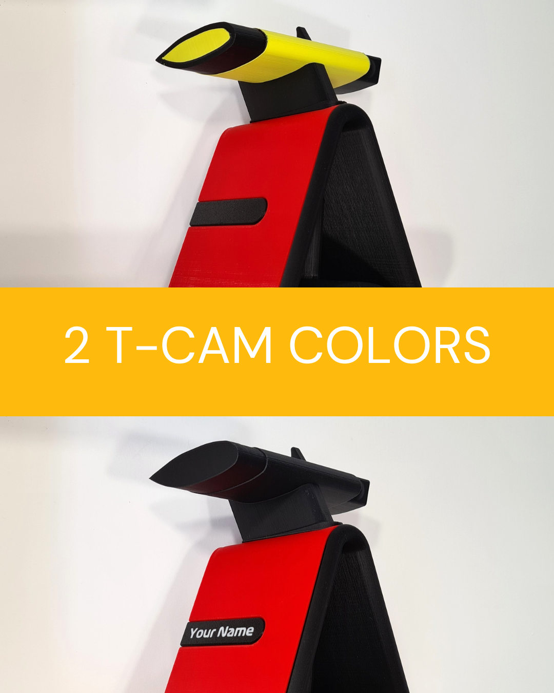 "Ferrari Formula 1 car airbox replica shown in two T-Cam colors: yellow and black at the top, red and black at the bottom, displayed against a white background with a customizable red panel featuring a 'Your Name' label."