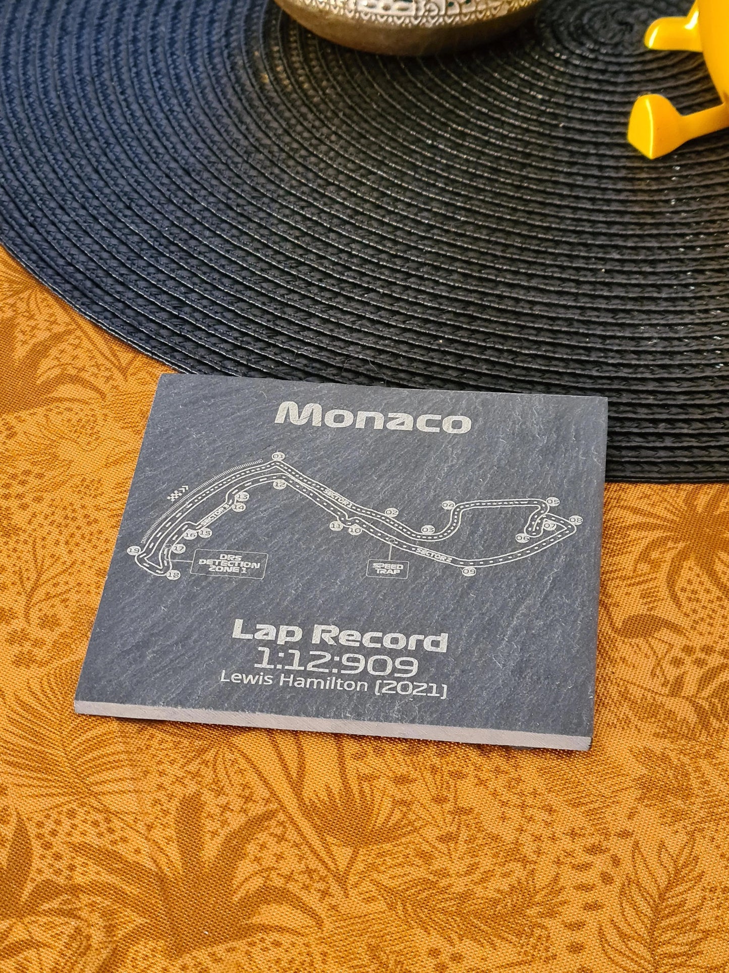 Monaco F1 circuit map slate coaster with Lewis Hamilton's 2021 lap record, perfect F1 fan gift.
