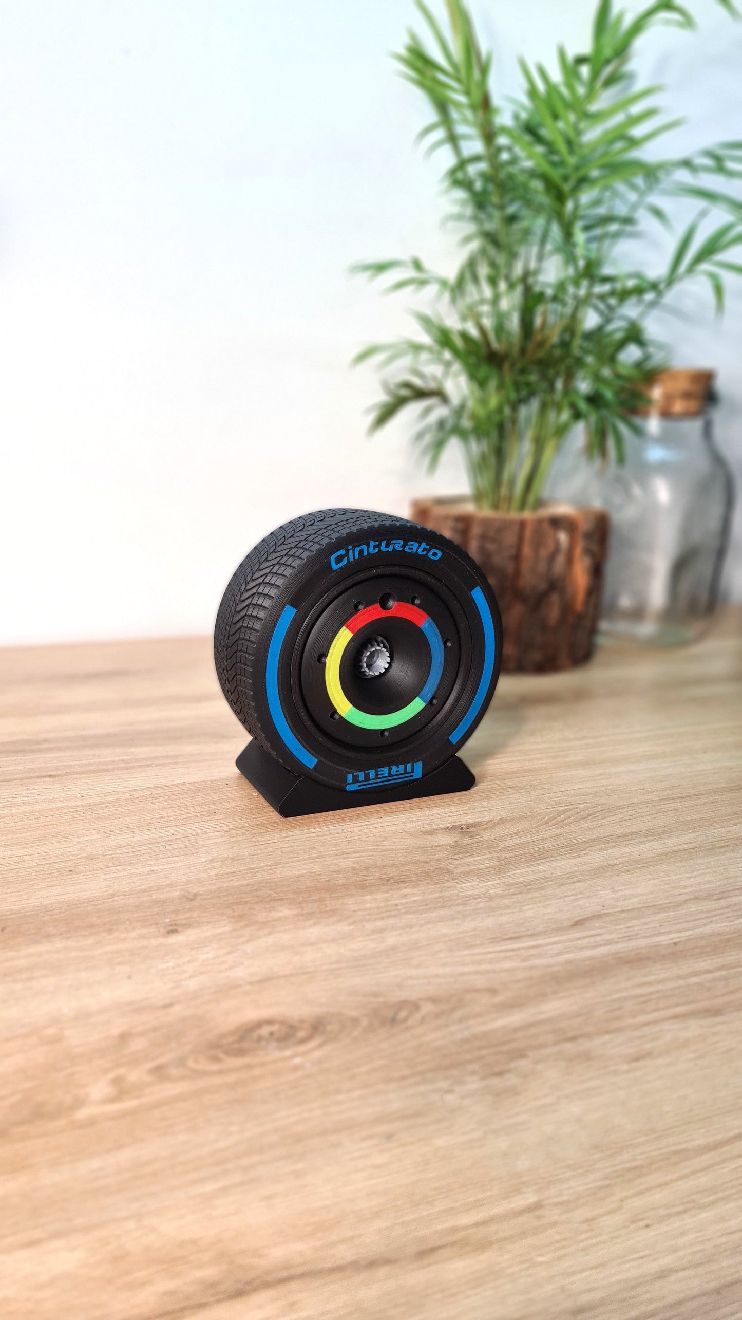 Pirelli Cinturato F1 tire replica desk decor with multi-color markings, unique fan gift.