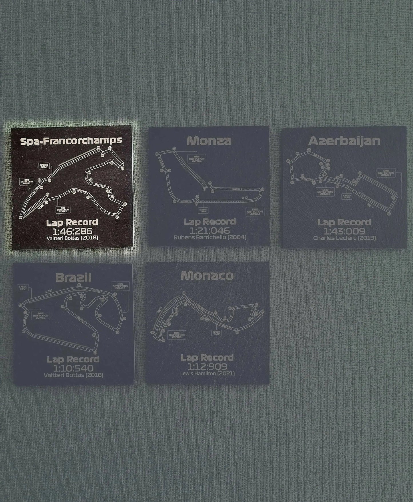 F1 Grand Prix circuit slate coaster set: Spa, Monza, Azerbaijan, Brazil, Monaco track maps with lap records, unique F1 fan gift.