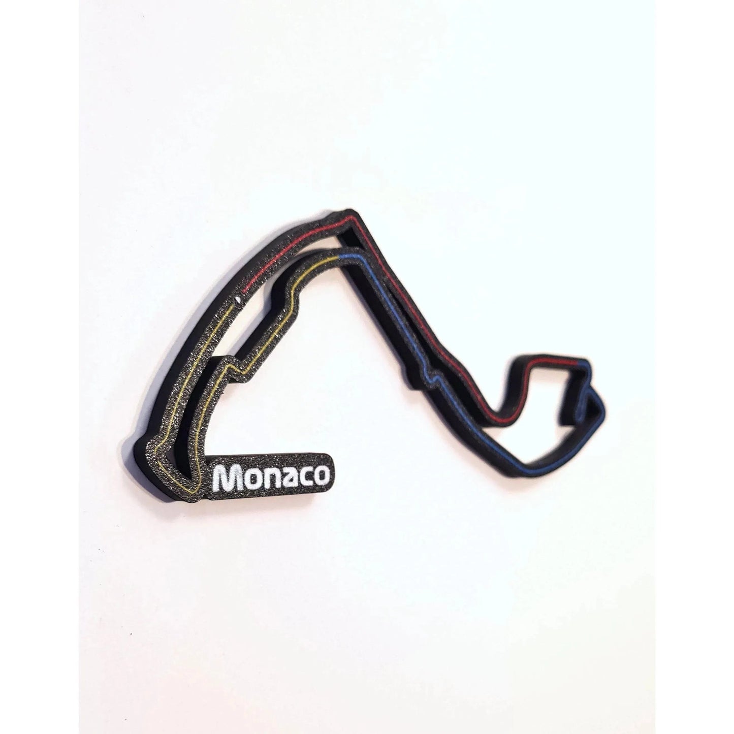 Monaco Formula 1 circuit 3D printed track wall art, black with red, yellow, blue lines, F1 fan gift.