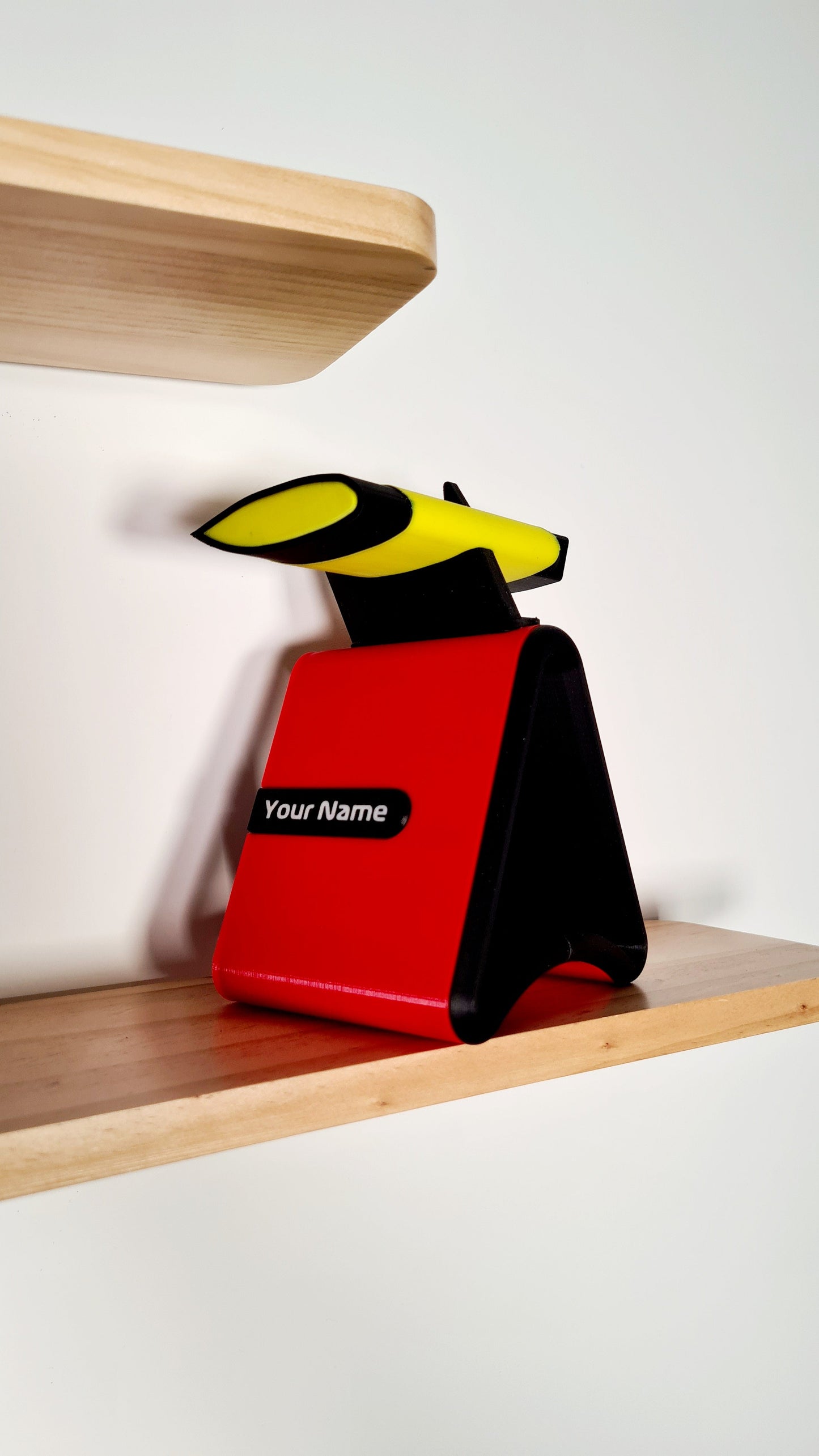 Personalized F1 phone holder stand, red and black motorsport desk accessory gift.