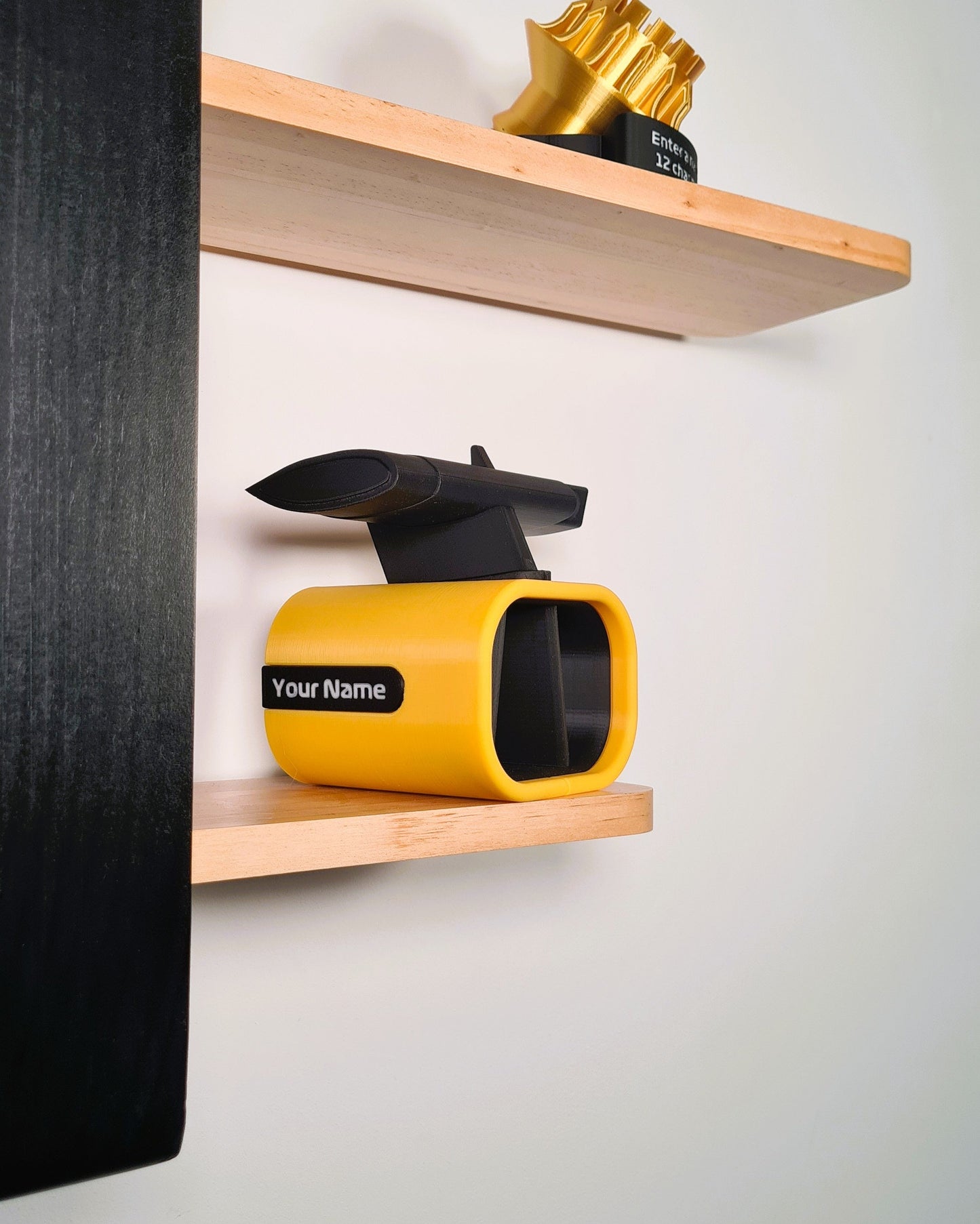 Personalized yellow and black F1 car rear wing desk organizer, perfect motorsport fan gift.