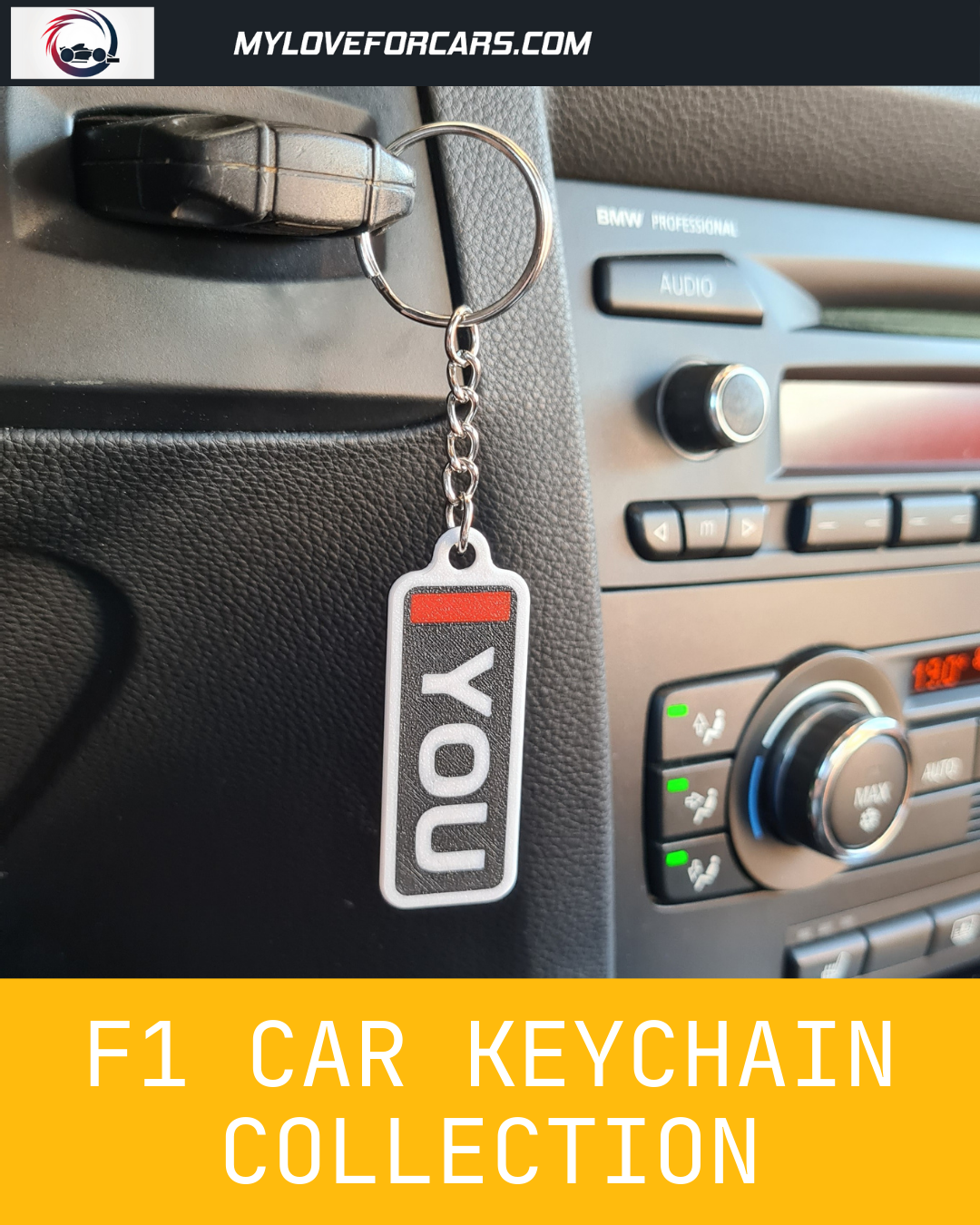 Custom F1-themed keychain featuring "LEC" initials on a white rectangle with red and black edges, lying on a wooden table next to house keys, near a black plant pot and a Pirelli tire clock.