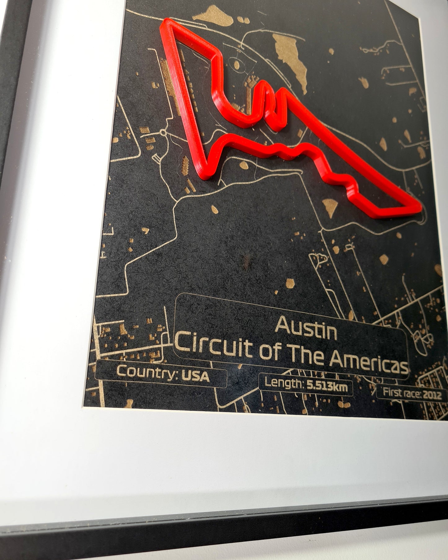 Austin Circuit of the Americas 3D F1 track replica framed wall art, perfect gift for F1 fans.