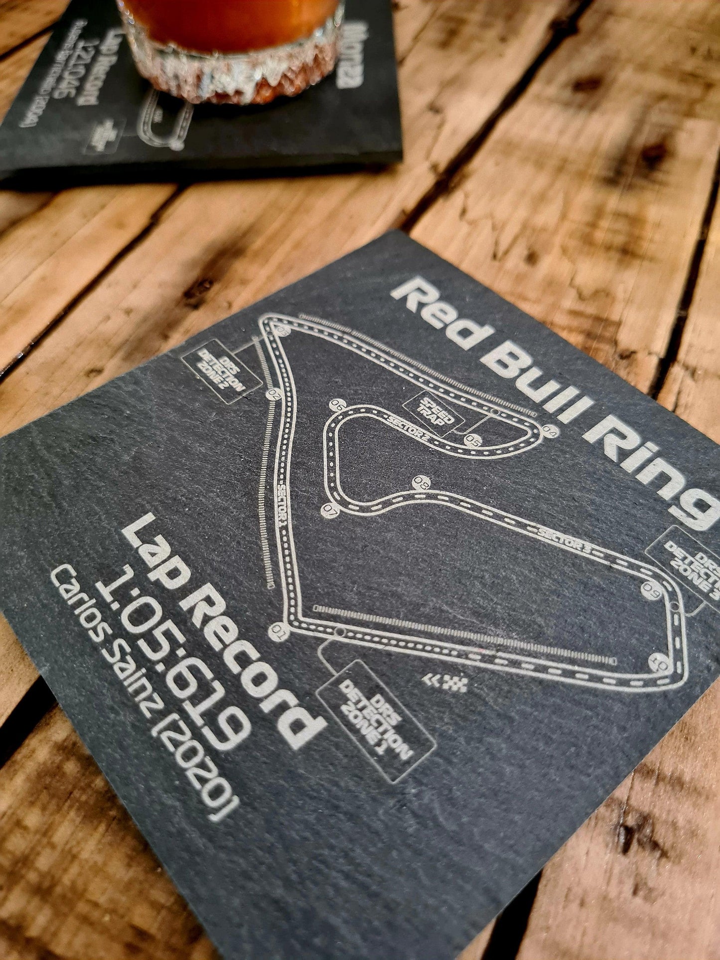 Red Bull Ring F1 circuit map slate coaster, Carlos Sainz 2020 lap record, motorsport fan gift