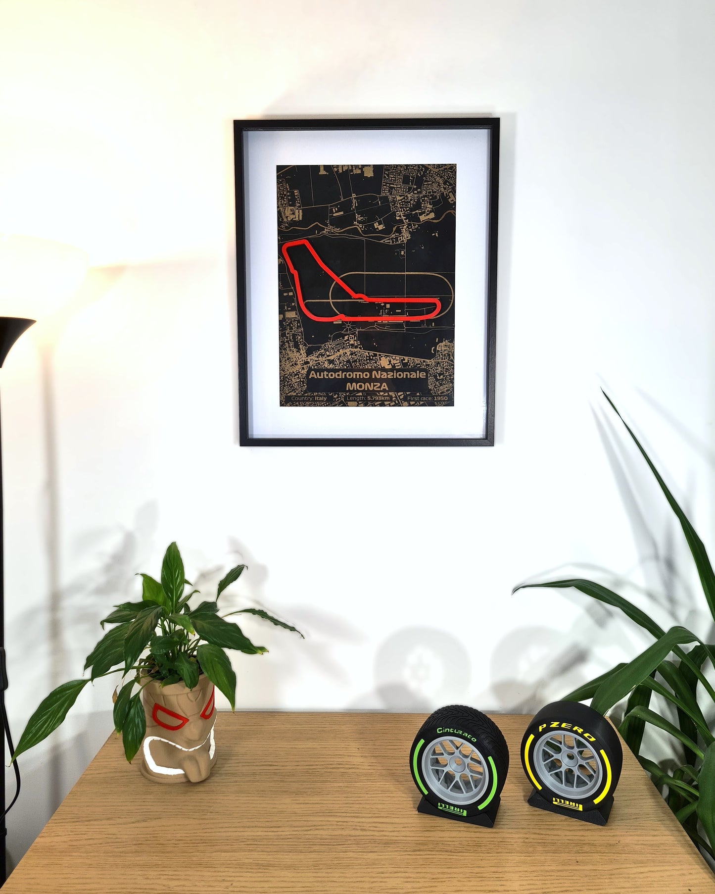 Framed Monza F1 circuit map wall art in black and gold with a red track outline, perfect F1 fan gift.