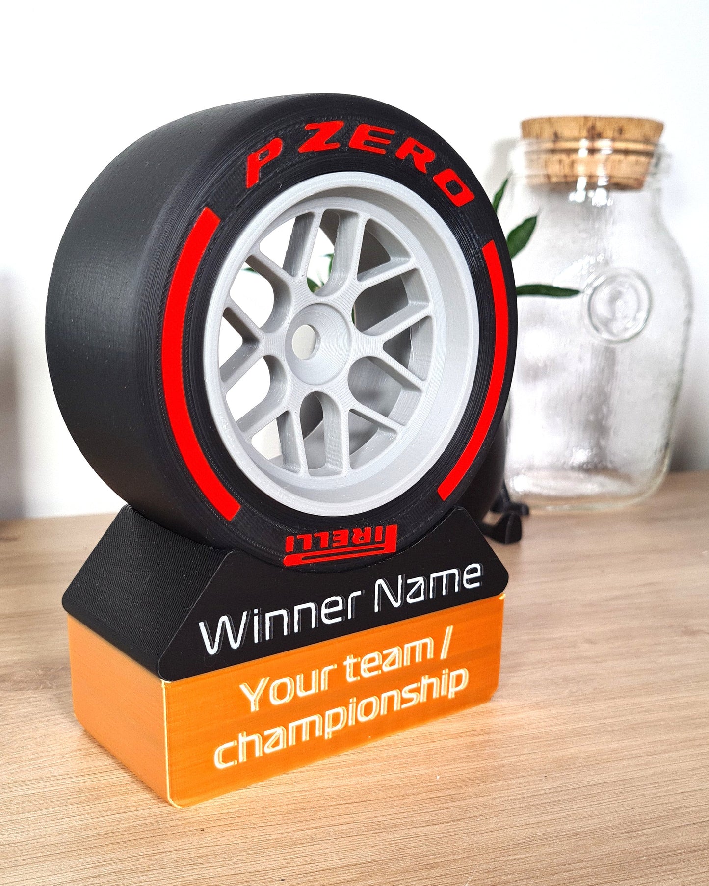 3D printed F1 wheel and Pirelli P Zero Red soft tire replica, customizable motorsport trophy gift