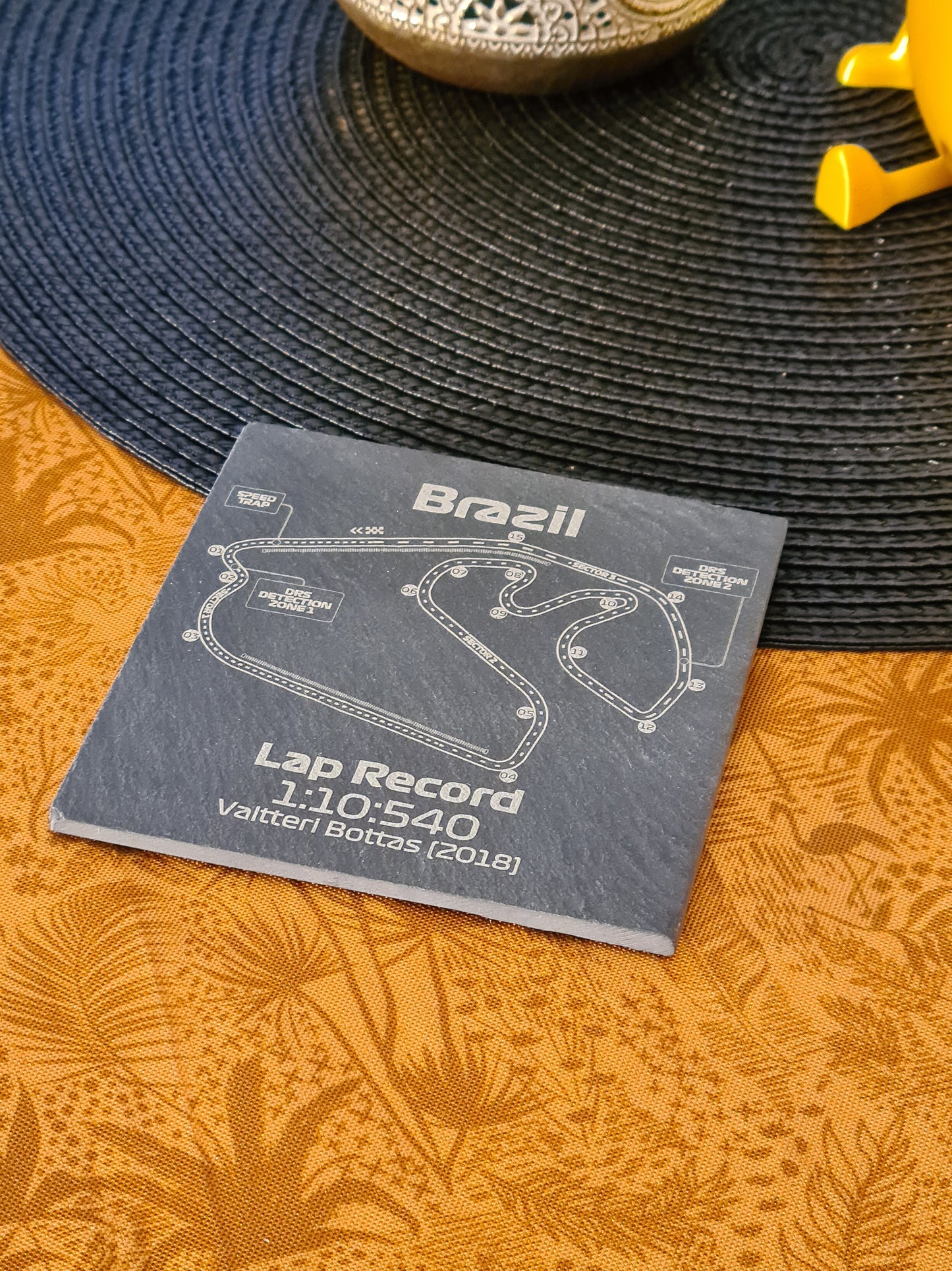 Brazil Interlagos F1 circuit slate coaster, Valtteri Bottas 2018 lap record, unique F1 fan gift