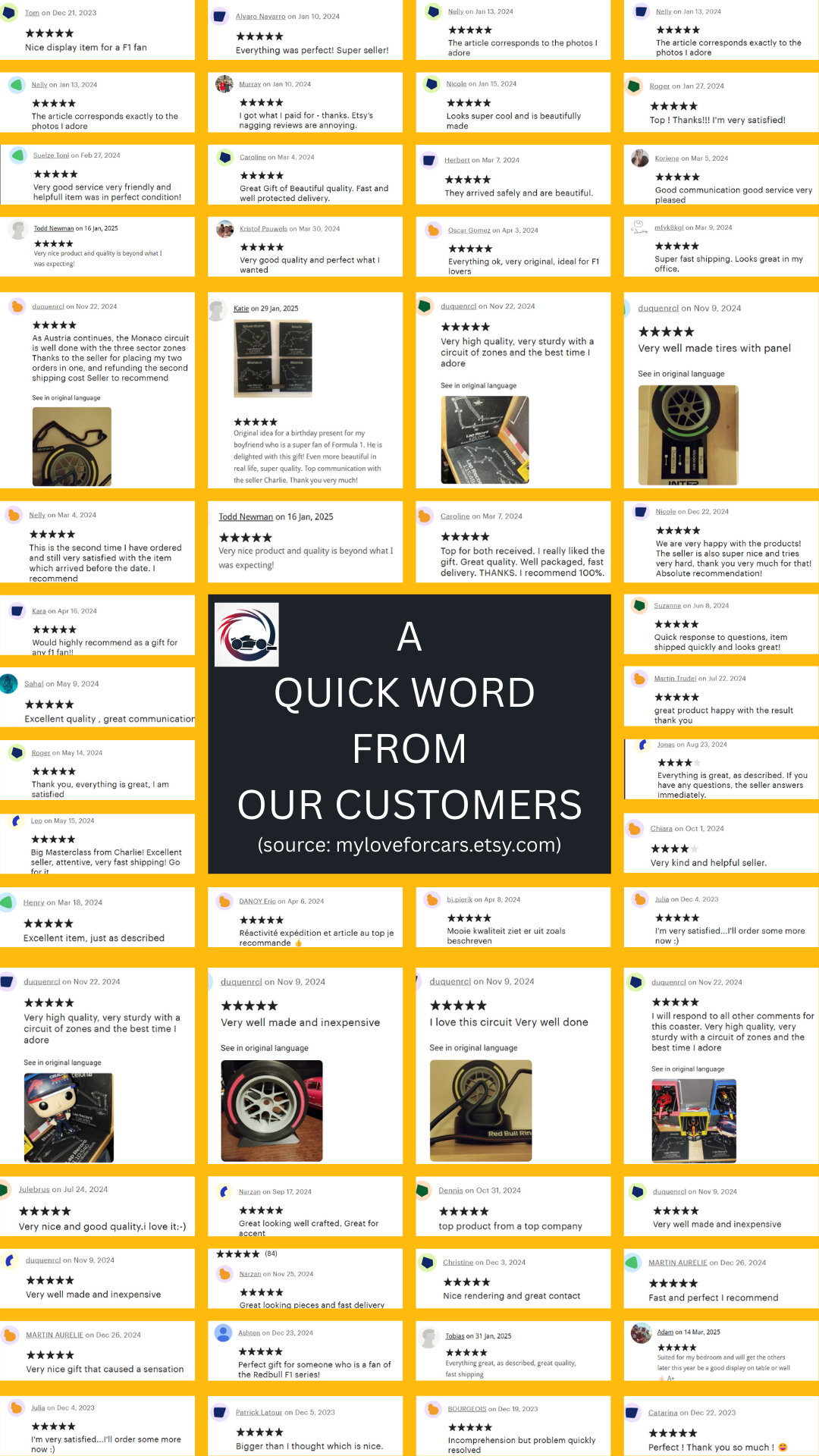 Image showcasing various customer reviews for a framed Grand Prix race track map from "myloveofcars.etsy.com." Positive feedback highlights the product's quality and suitability for Formula 1 fans.