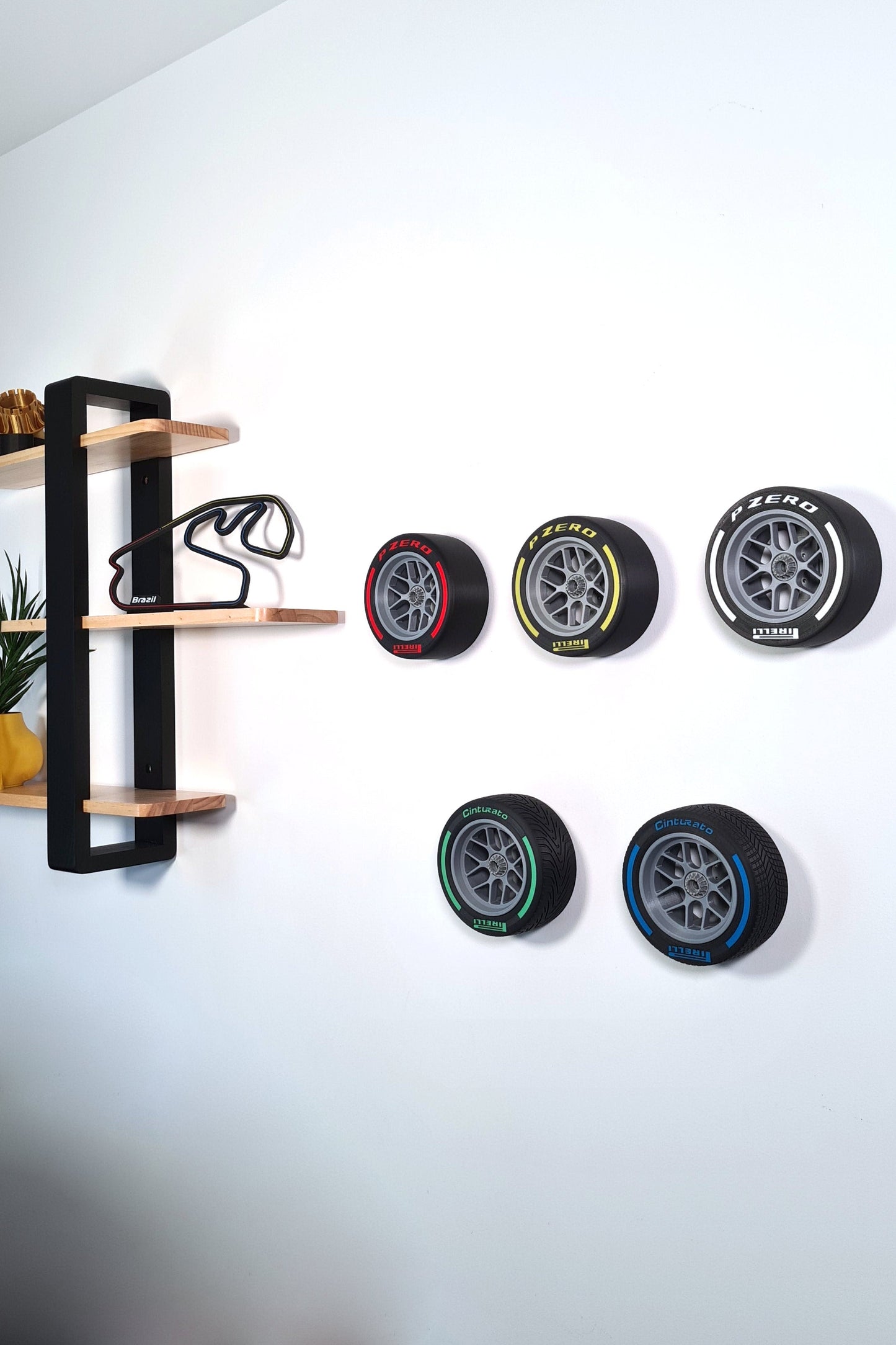 F1 Pirelli tire replica wall art featuring red, yellow, white, green, blue compounds for F1 fans