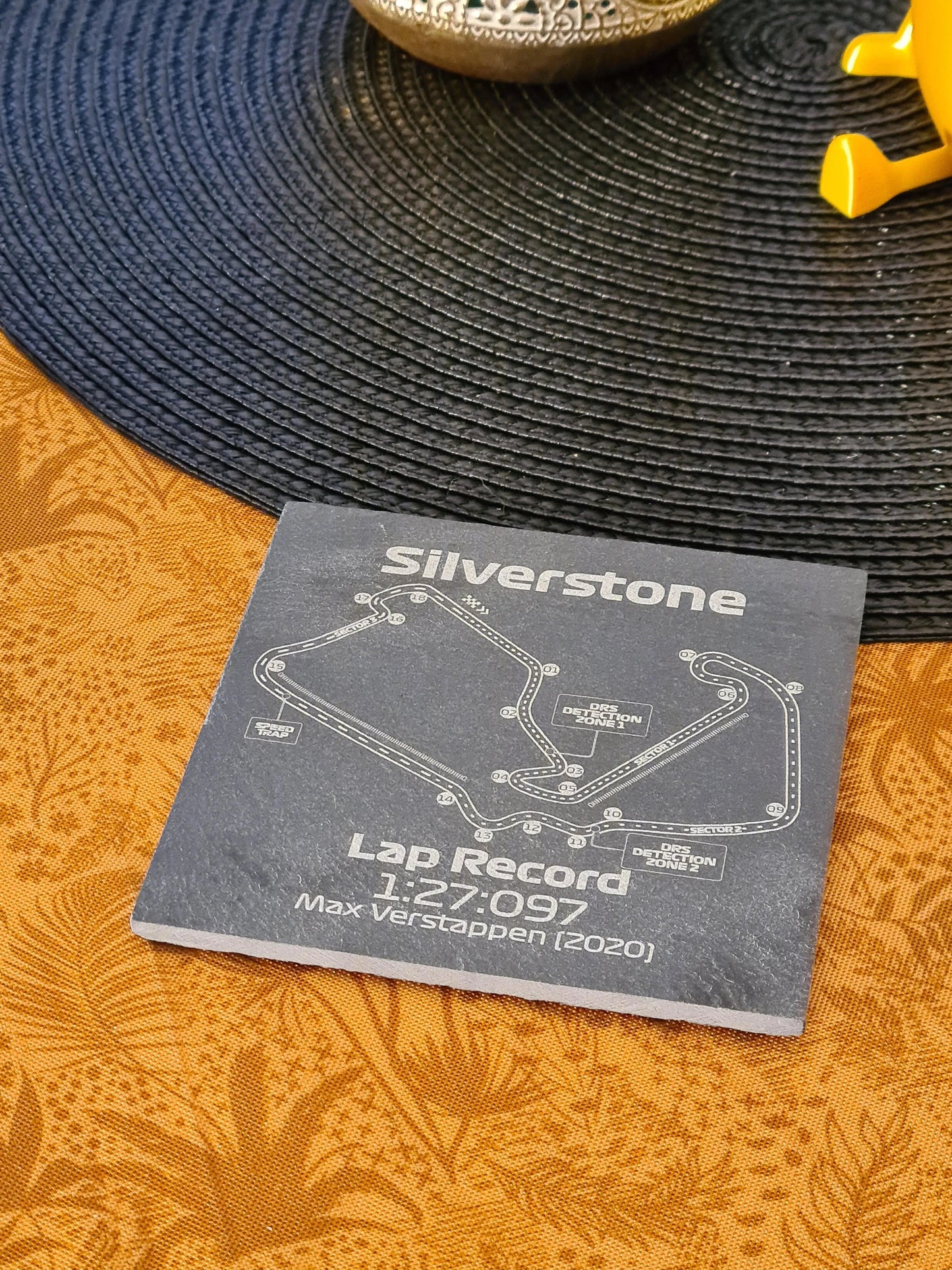 Silverstone F1 circuit track map slate coaster featuring Max Verstappen's 2020 lap record, perfect F1 fan gift.
