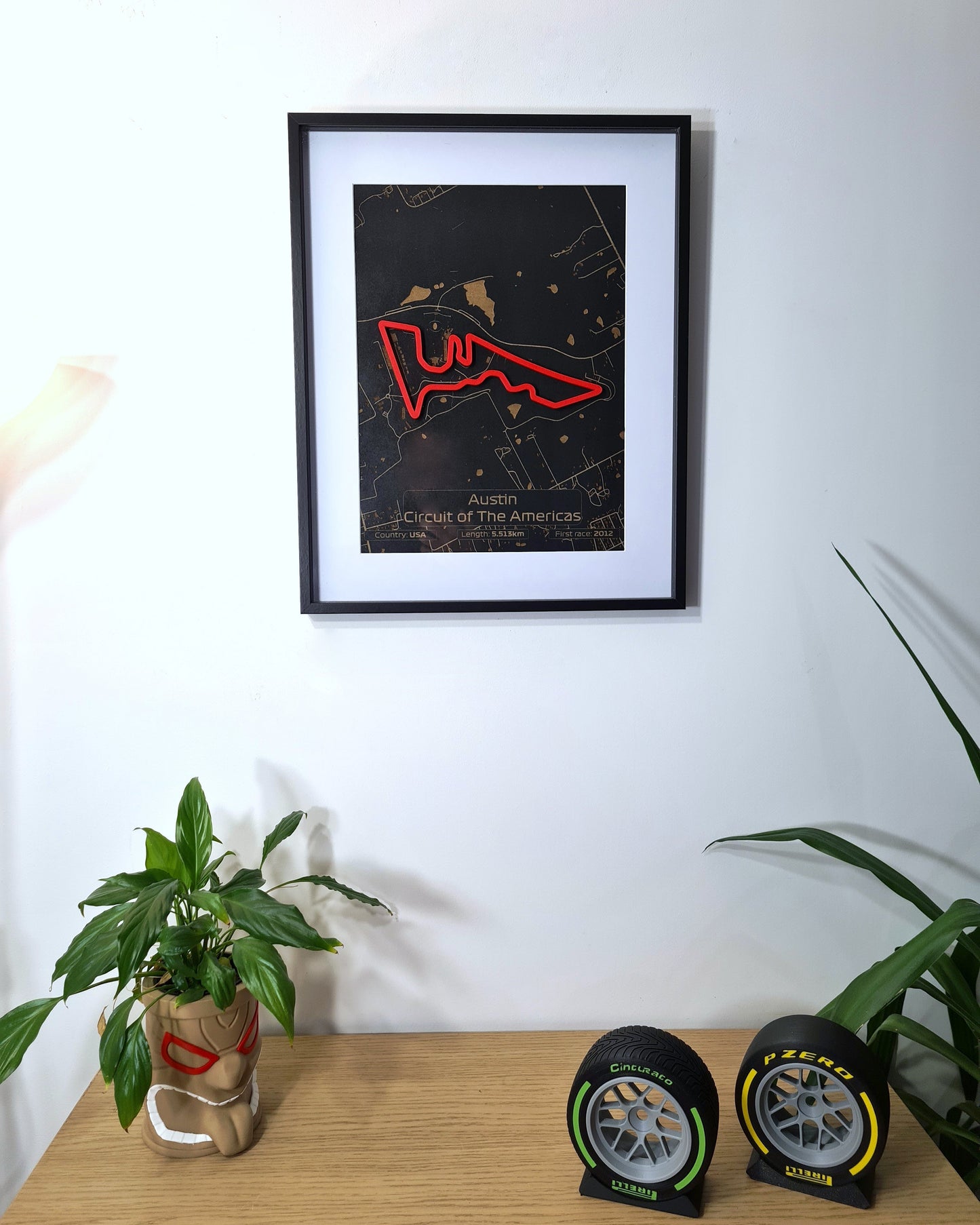 Framed Austin Circuit of the Americas F1 track map wall art, black background, red circuit outline, ideal Formula 1 gift.