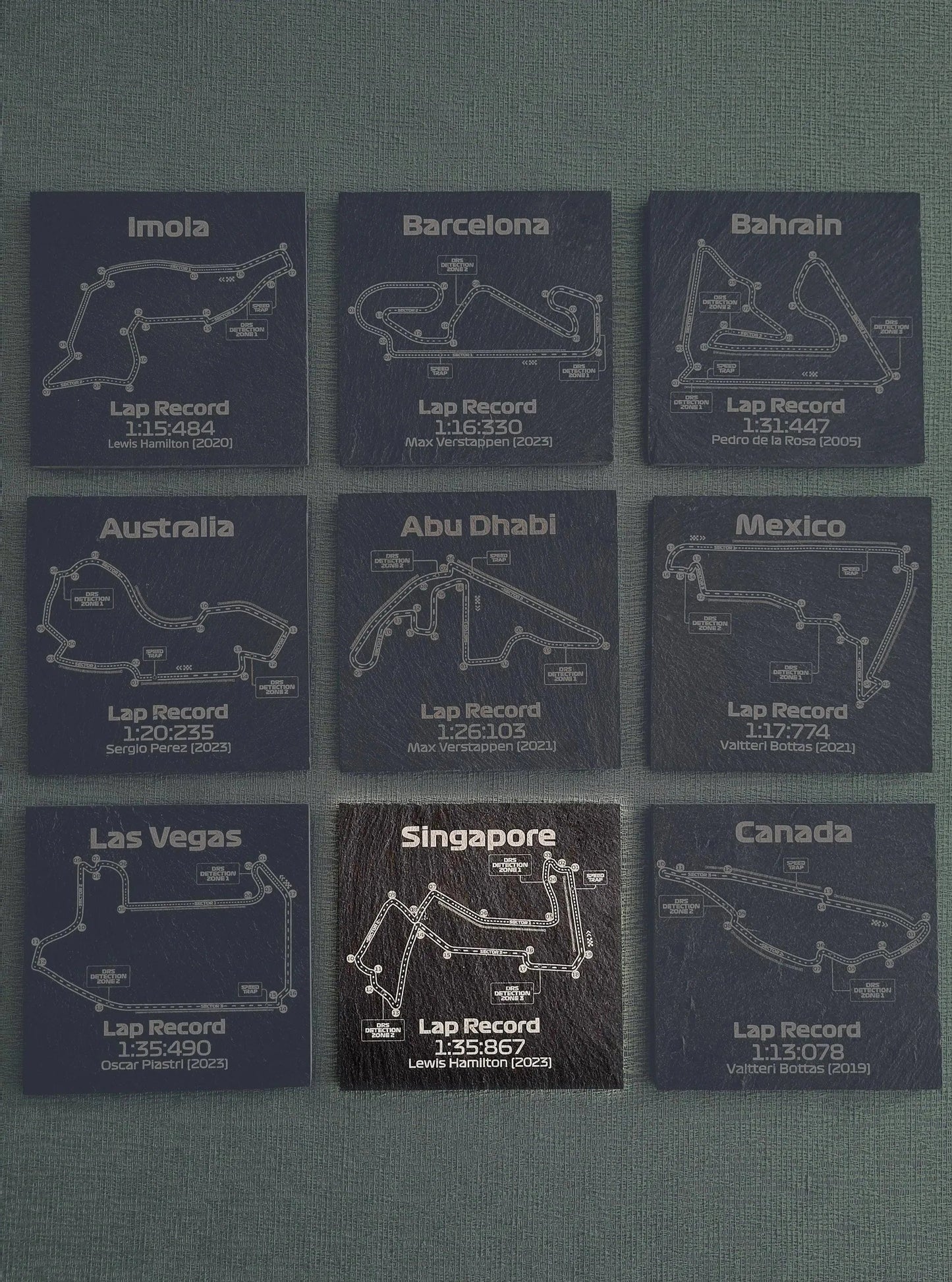F1 circuit map slate coaster set featuring 9 iconic Formula 1 track layouts & lap records.