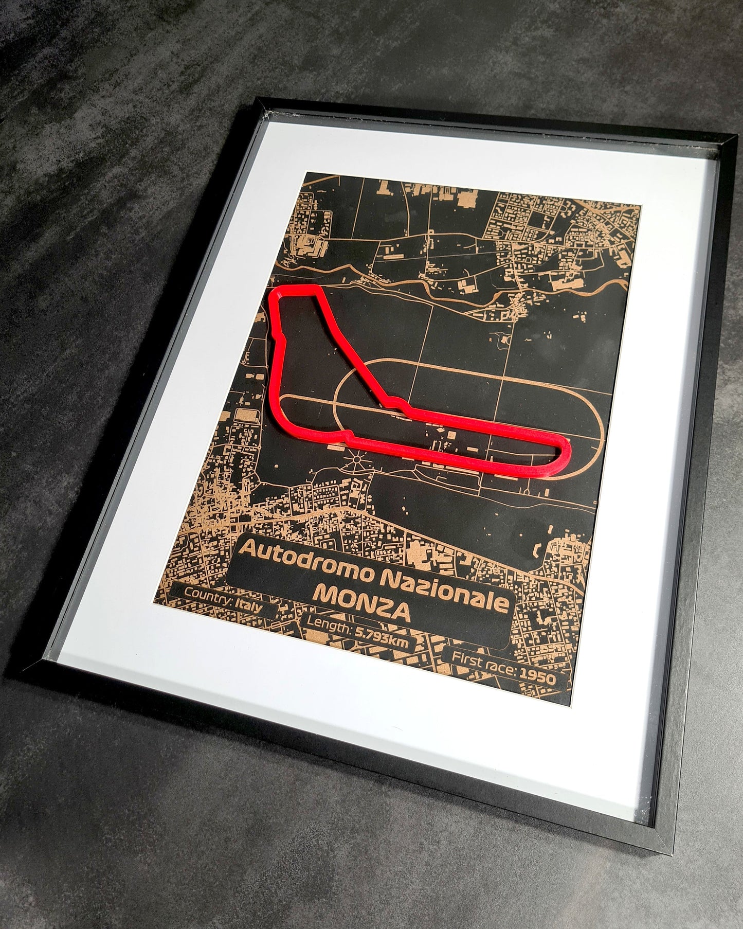Red 3D Monza F1 track map framed wall art with gold detailing, ideal gift for motorsport fans.