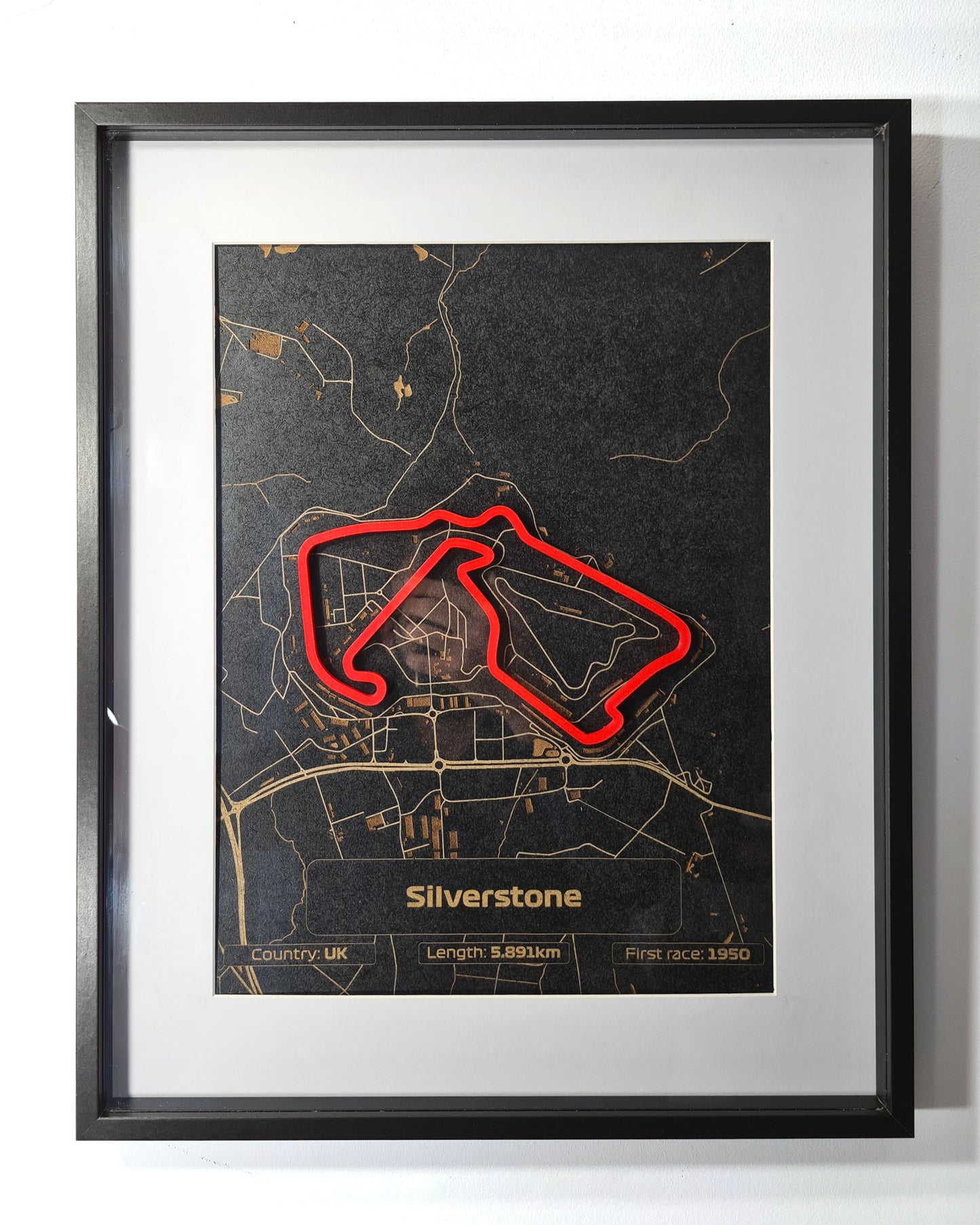 Silverstone Formula 1 Circuit 3D track map wall art, red track outline on black and gold design, F1 fan gift.