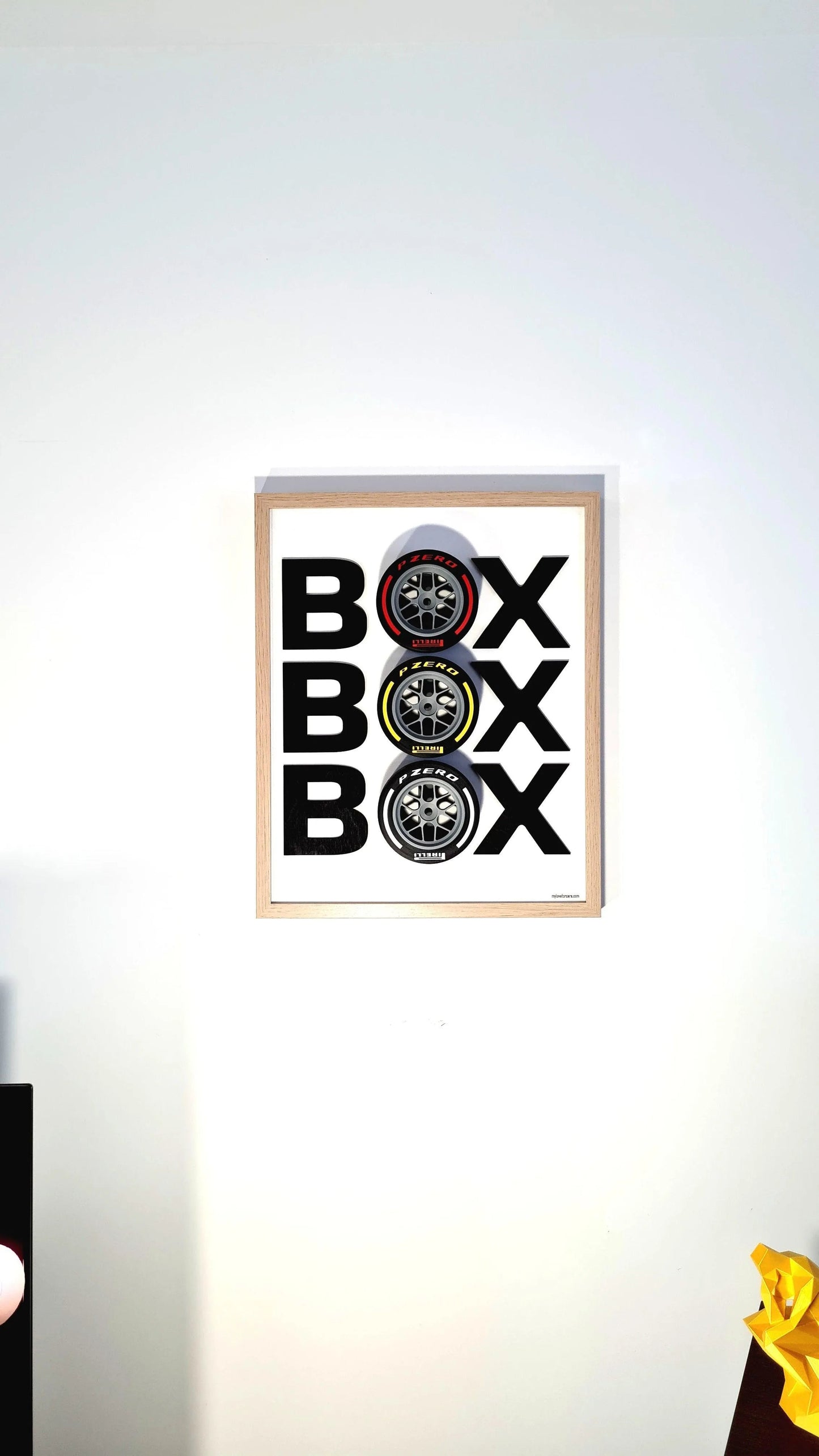 F1 Pit Box art print with Pirelli red, yellow, white tire compounds, ideal F1 fan wall decor.