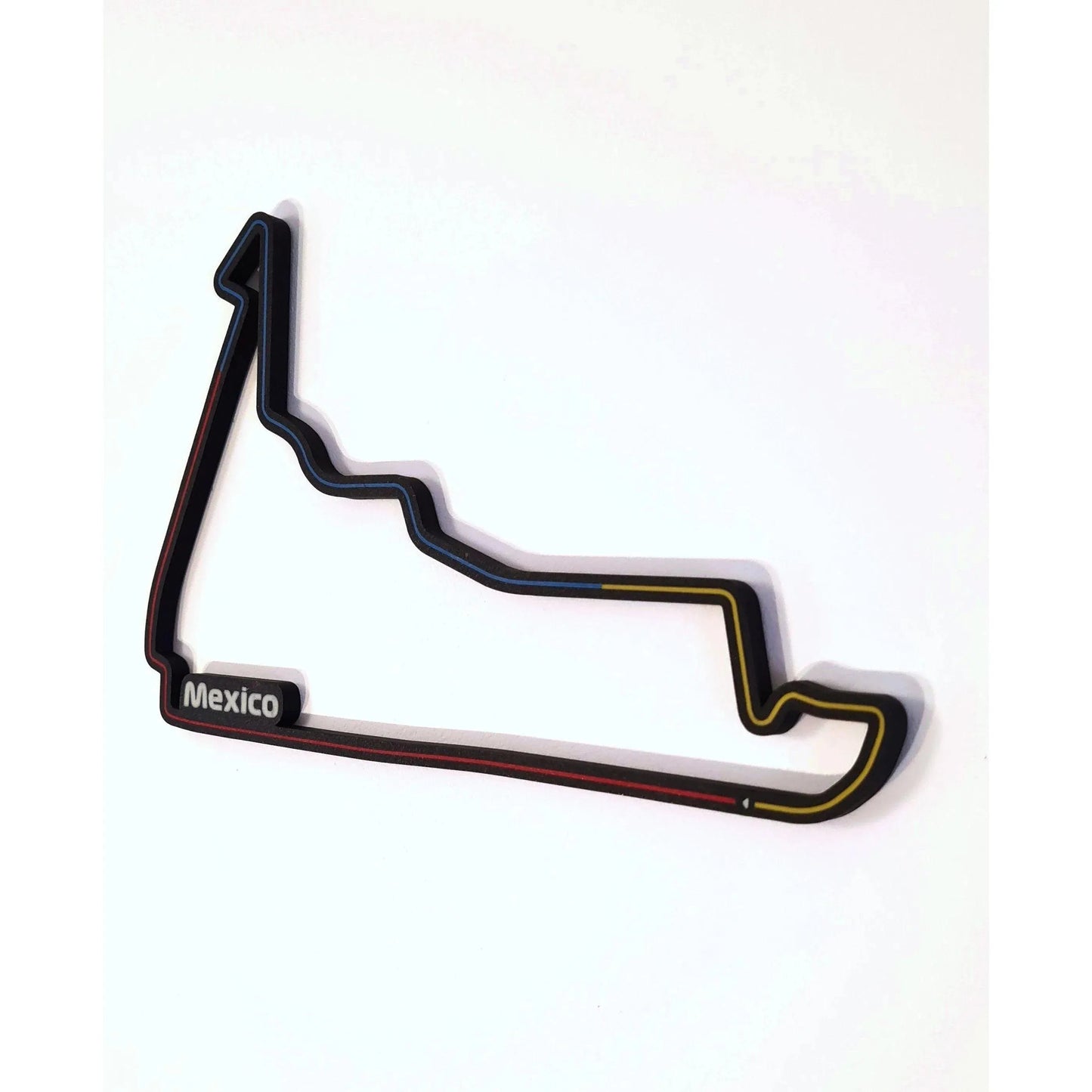 Mexico F1 Grand Prix 3D track replica wall art, black with red, blue, yellow lines, unique F1 fan gift.