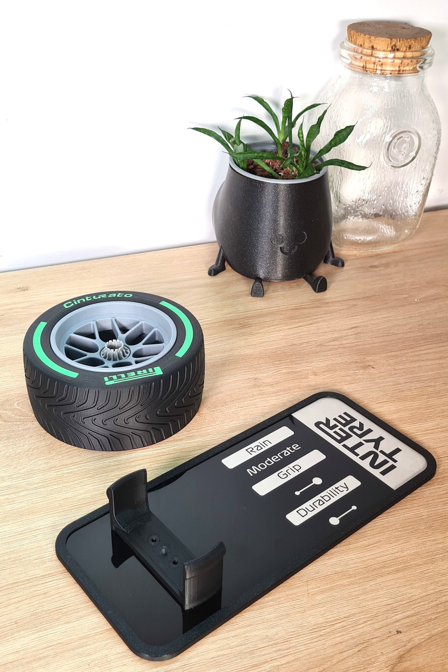 F1 Pirelli Green Intermediate tire replica and performance display stand, perfect F1 fan desk decor