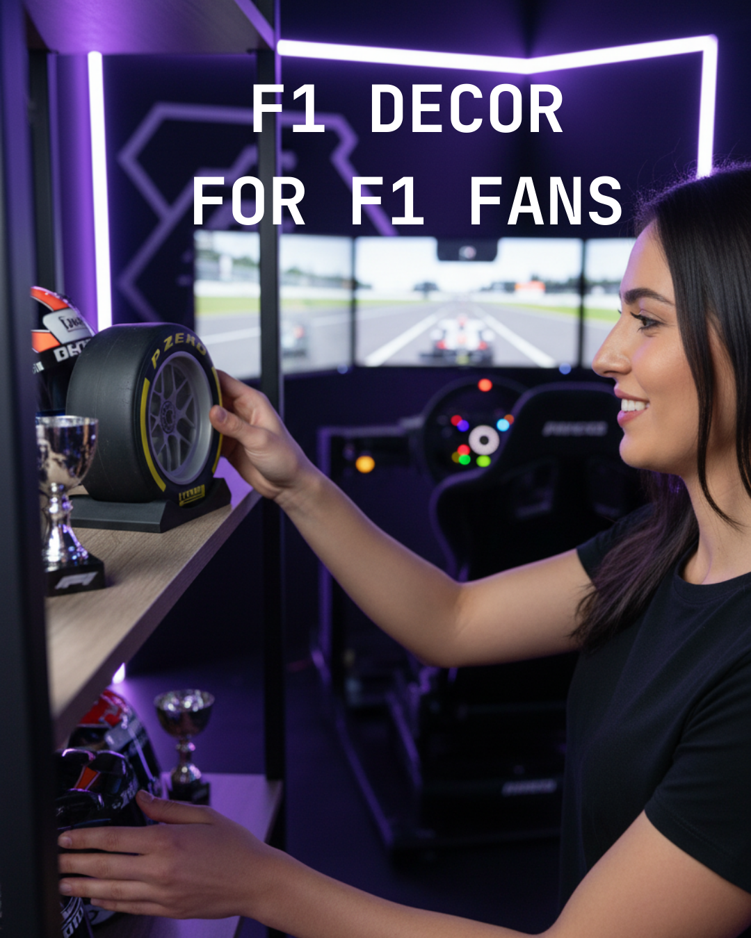 Woman displaying F1 Pirelli yellow tire replica, helmet, and trophy in a Formula 1 themed room; perfect F1 fan decor.