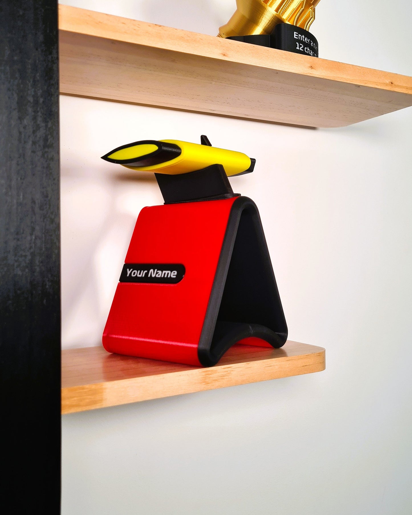 Personalized F1 car replica display stand, red, black, yellow, custom name desk decor for F1 fans.