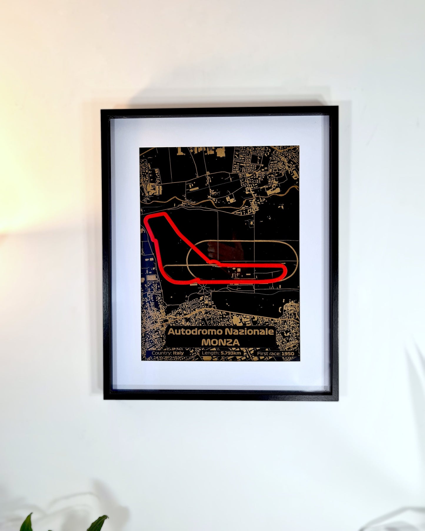 Autodromo Nazionale Monza F1 circuit map wall art, black & gold with red track outline. Ideal F1 fan gift.