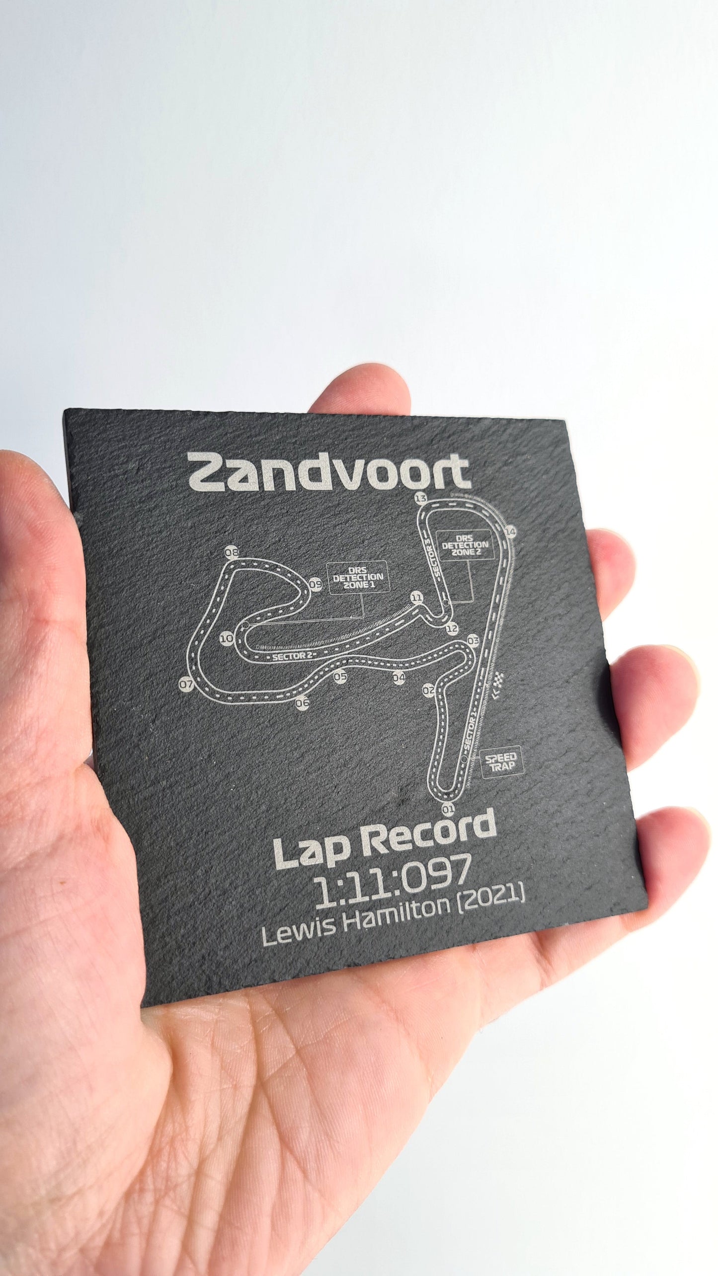 Zandvoort Formula 1 circuit slate coaster, Lewis Hamilton 2021 lap record F1 fan gift