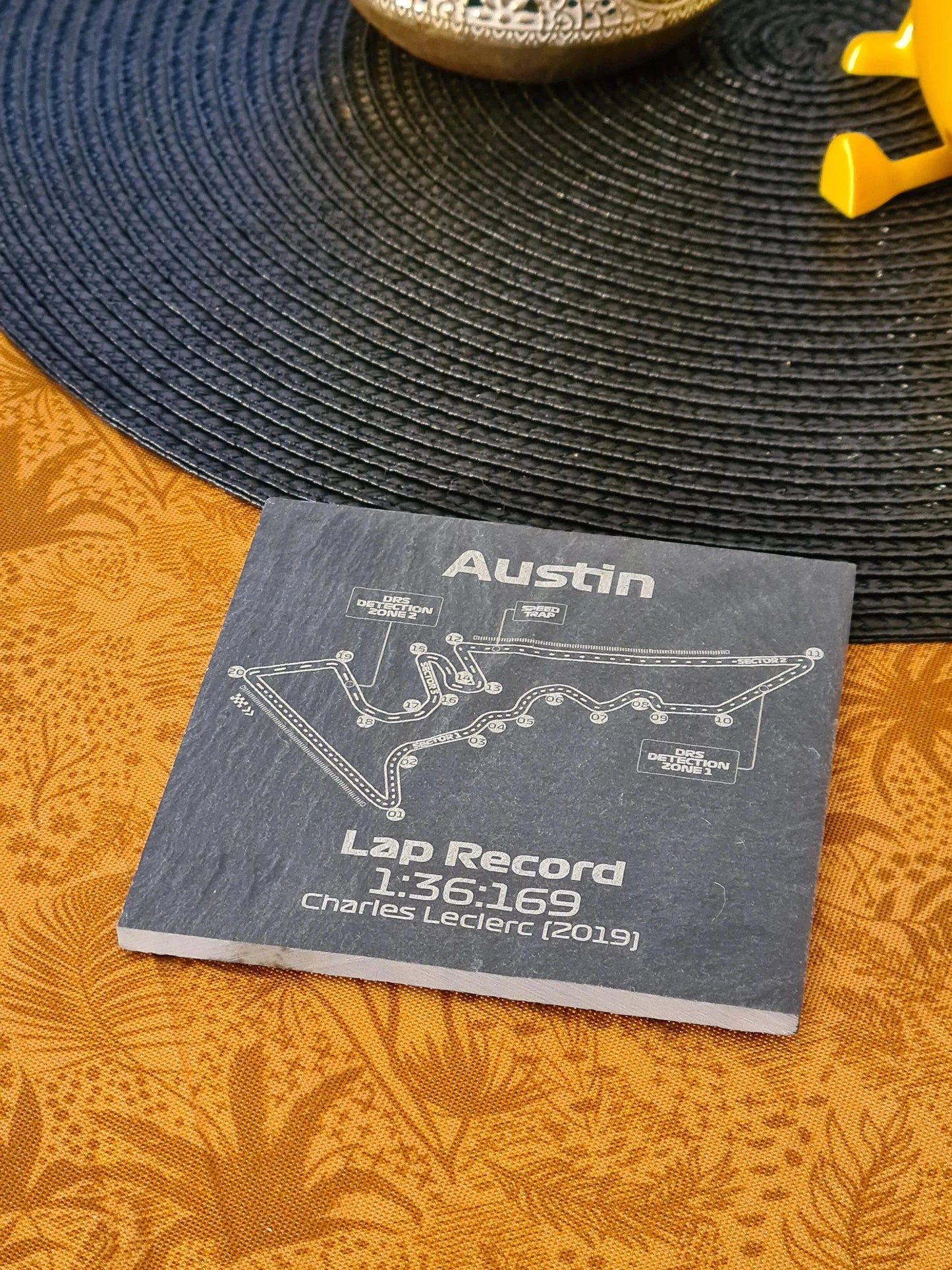 Austin F1 Circuit of the Americas slate coaster with Charles Leclerc 2019 lap record, great F1 fan gift.