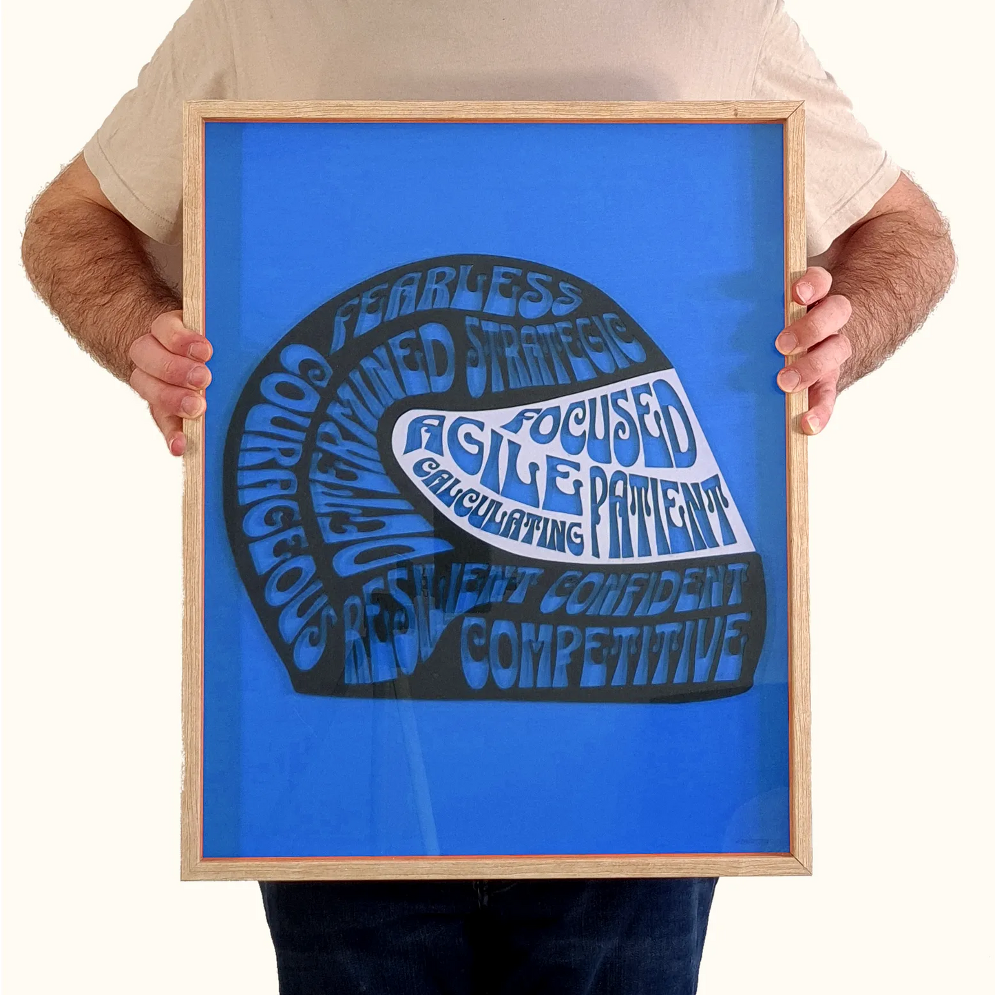 Formula 1 racing helmet wall art with inspirational driver qualities words on blue background, perfect F1 fan gift.