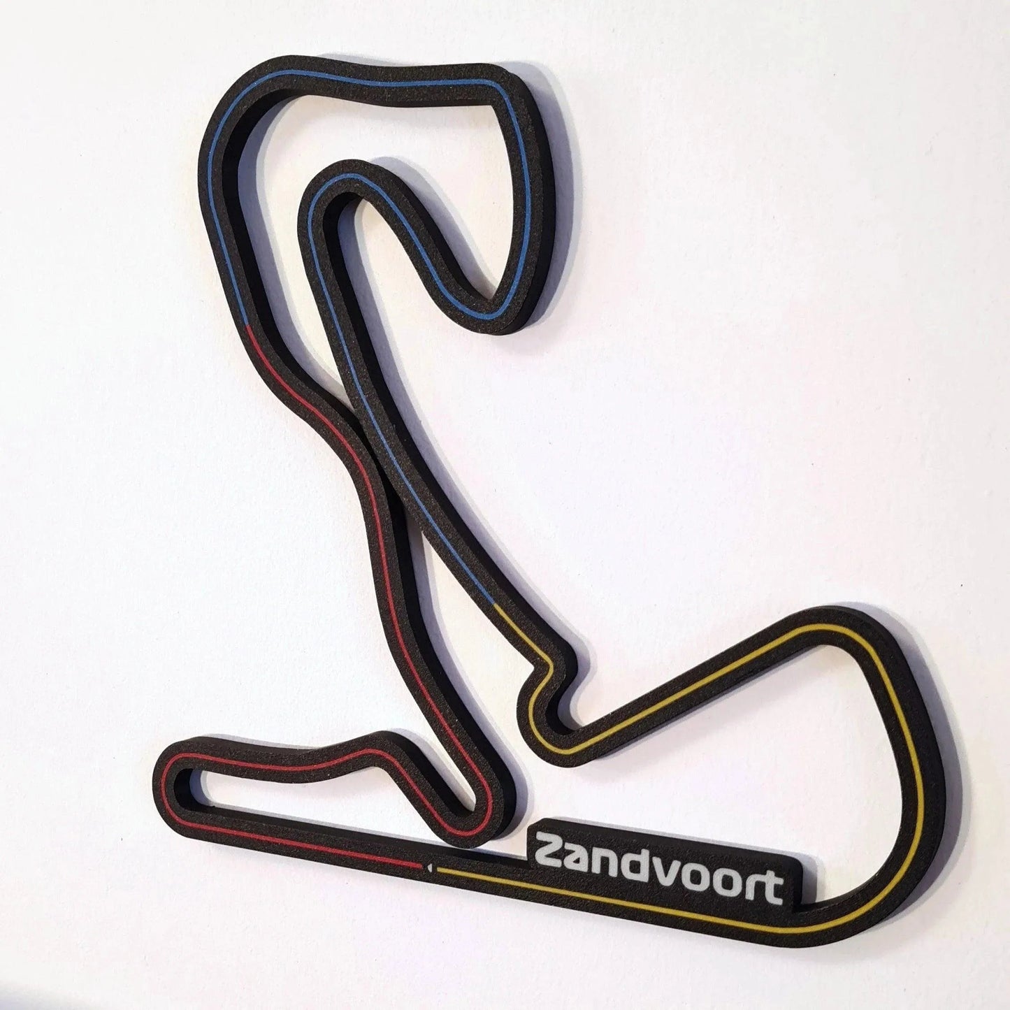 Zandvoort Formula 1 track wall art, 3D printed circuit replica, black with red, blue, yellow lines, F1 fan gift.